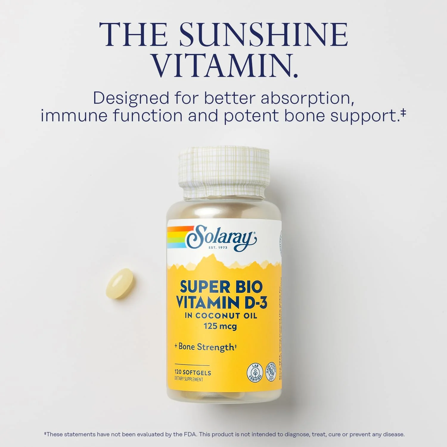 SOLARAY Super Bio Vitamin D3 in Coconut Oil - D3 Vitamin 5000 IU - Bone Health and Immune Support Supplement - Lab Verified, Made Wtihout Soy, 60-Day Guarantee - 120 Softgels, 120 Servings - Image 3