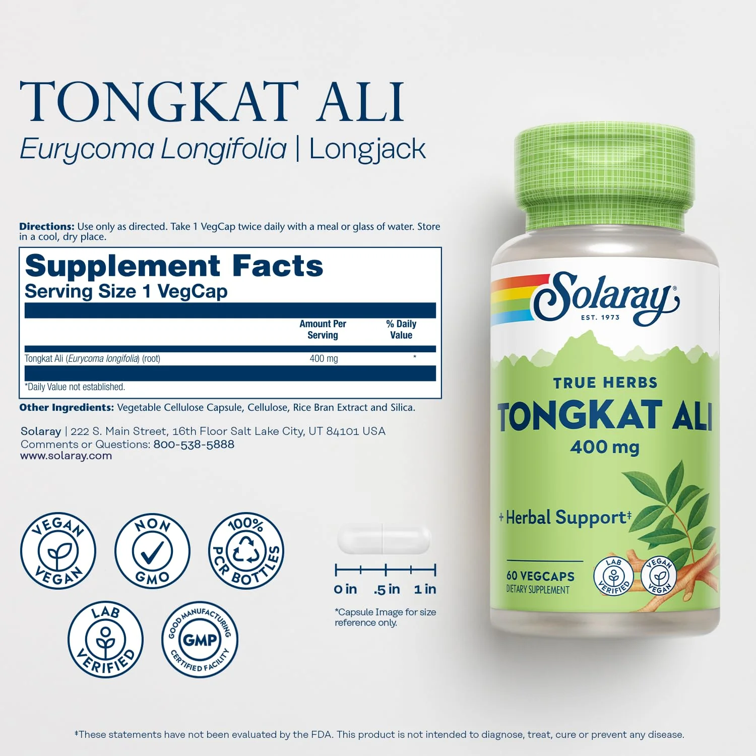 SOLARAY Tongkat Ali 400 mg - Longjack Tongkat Ali for Men - Herbal Support for Men's Health and Vitality - Vegan, Non-GMO, Lab Verified - 60 Servings, 60 VegCaps - Image 6
