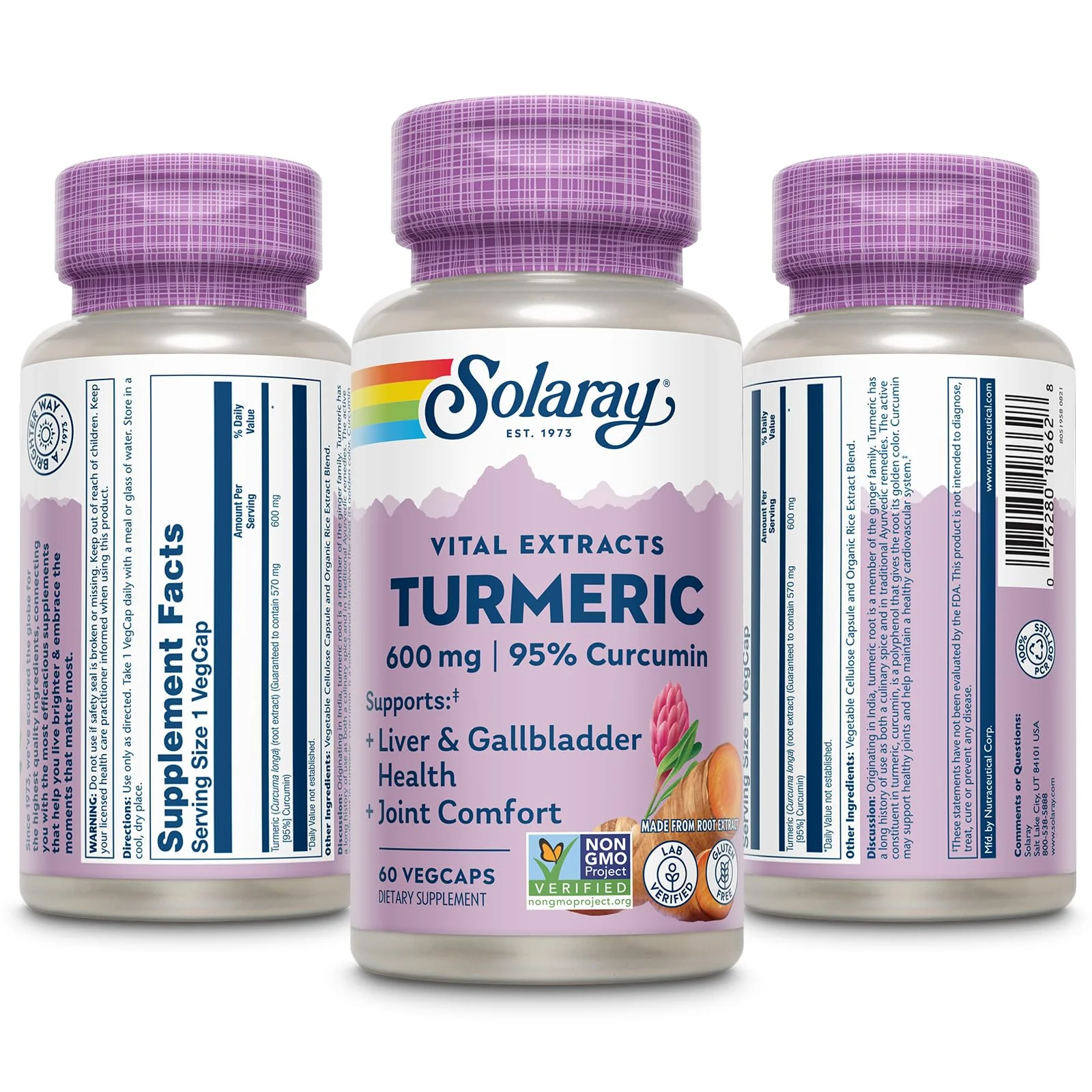 SOLARAY Turmeric Supplement 600mg - Turmeric Root with 95% Curcumin - Joint Support Supplement - Joint Health, Gallbladder and Liver Support, Non-GMO, Vegan, Gluten Free, 60-Day Guarantee, 60 Servings - Image 7