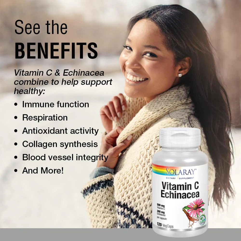 SOLARAY Vitamin C & Echinacea Root Supplement - Healthy Immune System Support for Women & Men, 500 mg Vitamin C & 300 mg Echinacea Per Capsule, Non-GMO, Vegan - 120 Count Veg Caps - Image 5