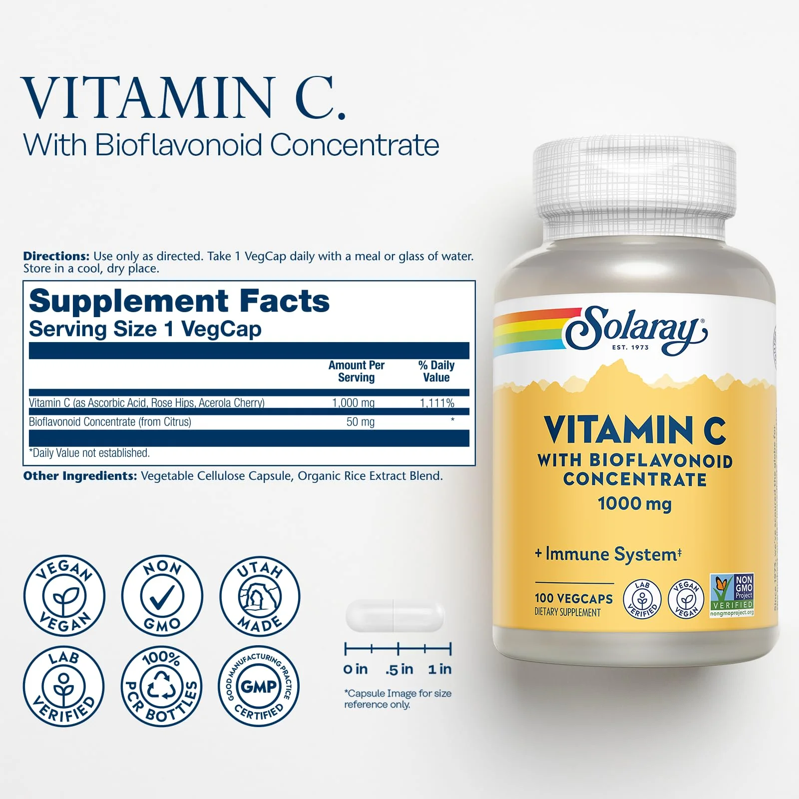 SOLARAY Vitamin C Supplement 1000mg with Bioflavonoids Concentrate - Vitamin C Capsules w/ Rose Hips & Acerola, Heart Health & Immune Support for Men & Women, 1000 mg per Serving, Vegan - 100 Veg Caps - Image 6