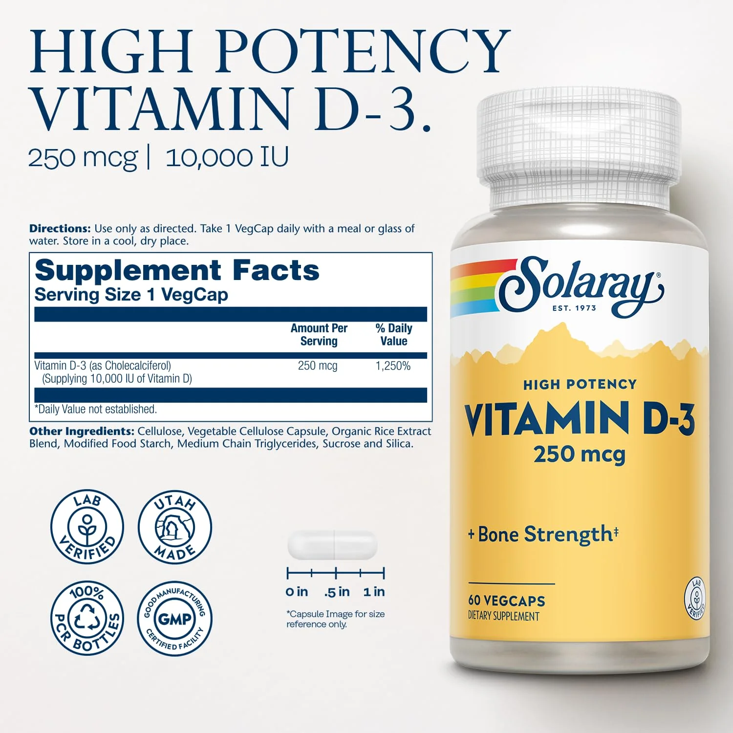 SOLARAY Vitamin D3 10000IU (250 mcg) - High Potency Vitamin D Supplement for Men & Women, VIT D3 as Cholecalciferol, Bones and Immune Health Support Capsules - 60 Veg Caps - Image 2