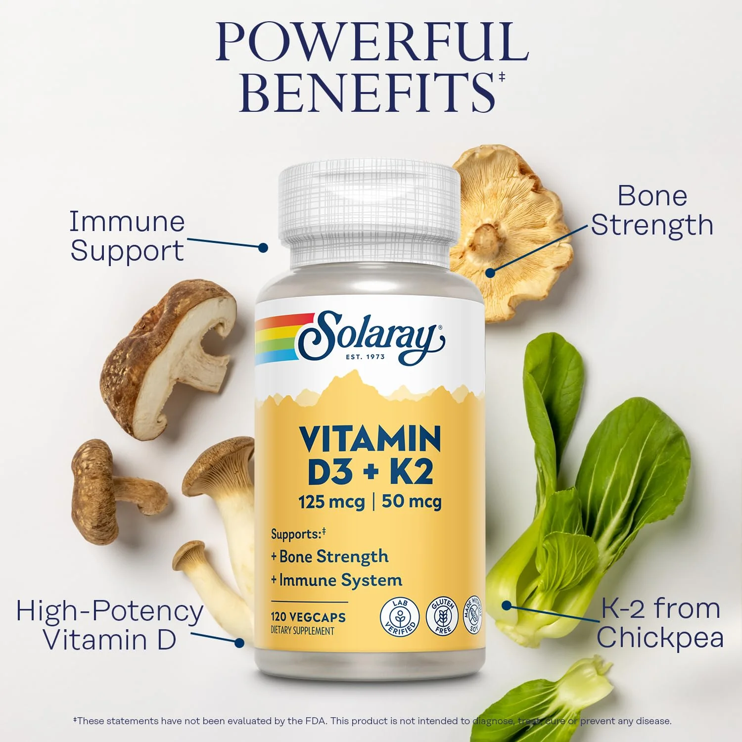 SOLARAY Vitamin D3 K2 - Bone Health and Immune Support Supplement - With 5000 IU Vitamin D as Vit D3 and 50 mcg Vitamin K2 as Menoquinone MK7, Made Without Soy, 60-Day Guarantee, 120 Serv, 120 VegCaps - Image 5