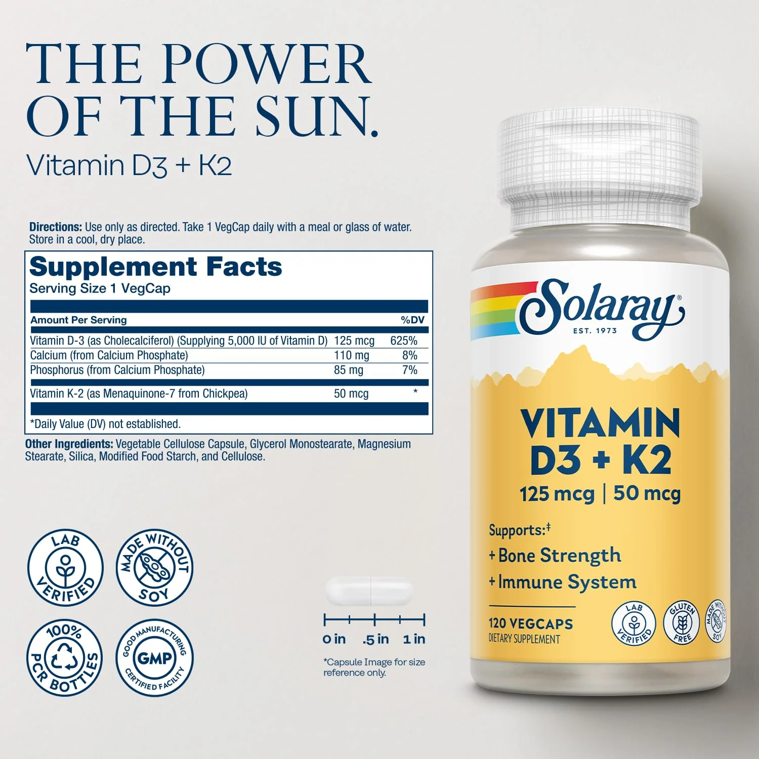 SOLARAY Vitamin D3 K2 - Bone Health and Immune Support Supplement - With 5000 IU Vitamin D as Vit D3 and 50 mcg Vitamin K2 as Menoquinone MK7, Made Without Soy, 60-Day Guarantee, 120 Serv, 120 VegCaps - Image 6