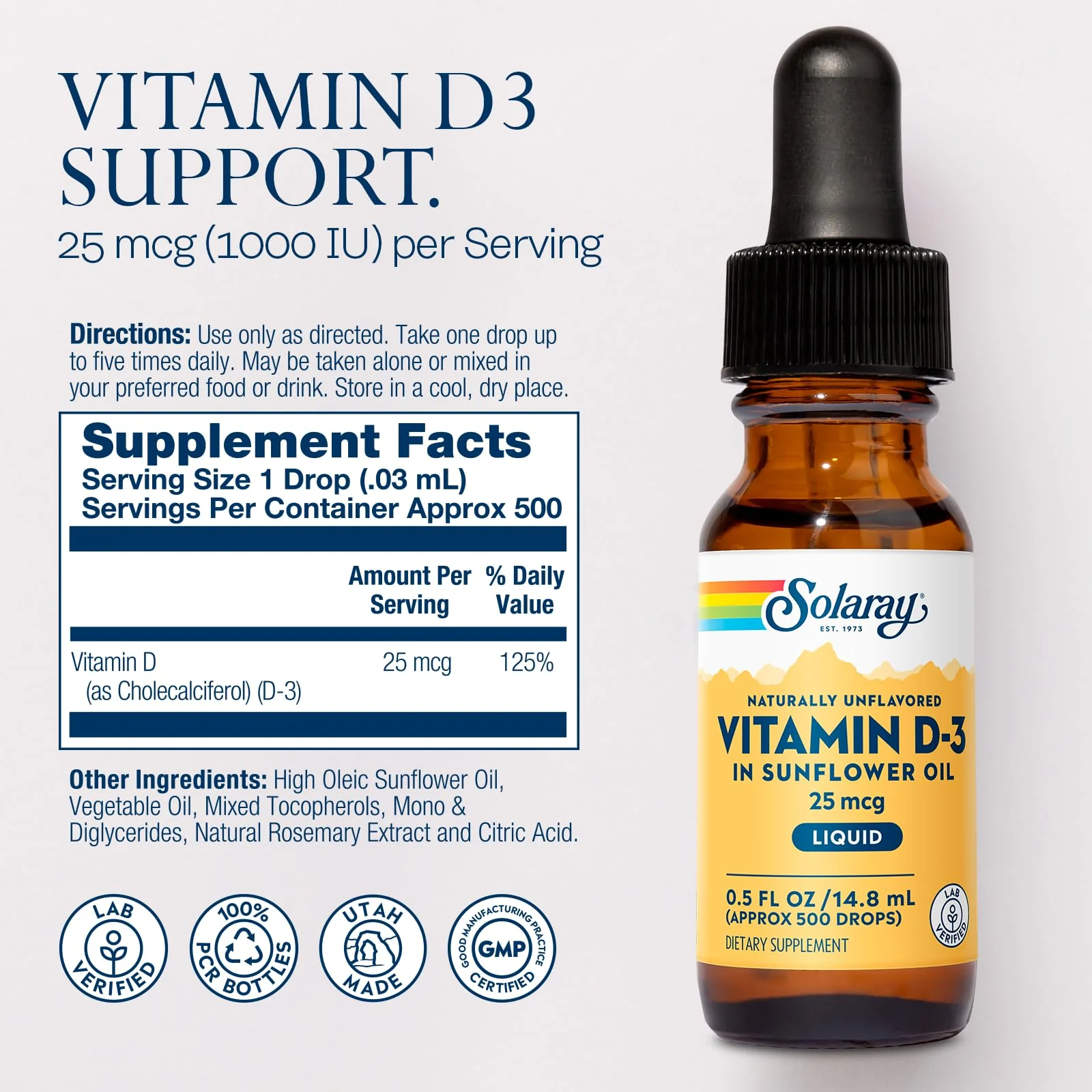SOLARAY Vitamin D3 Liquid Drops 25 mcg (1000 IU) - Enhanced Absorption Vitamin D Drops in Sunflower Oil for VIT D3 Support - Naturally Unflavored, Dropper Included - Approx. 500 Servings, 0.5oz - Image 2