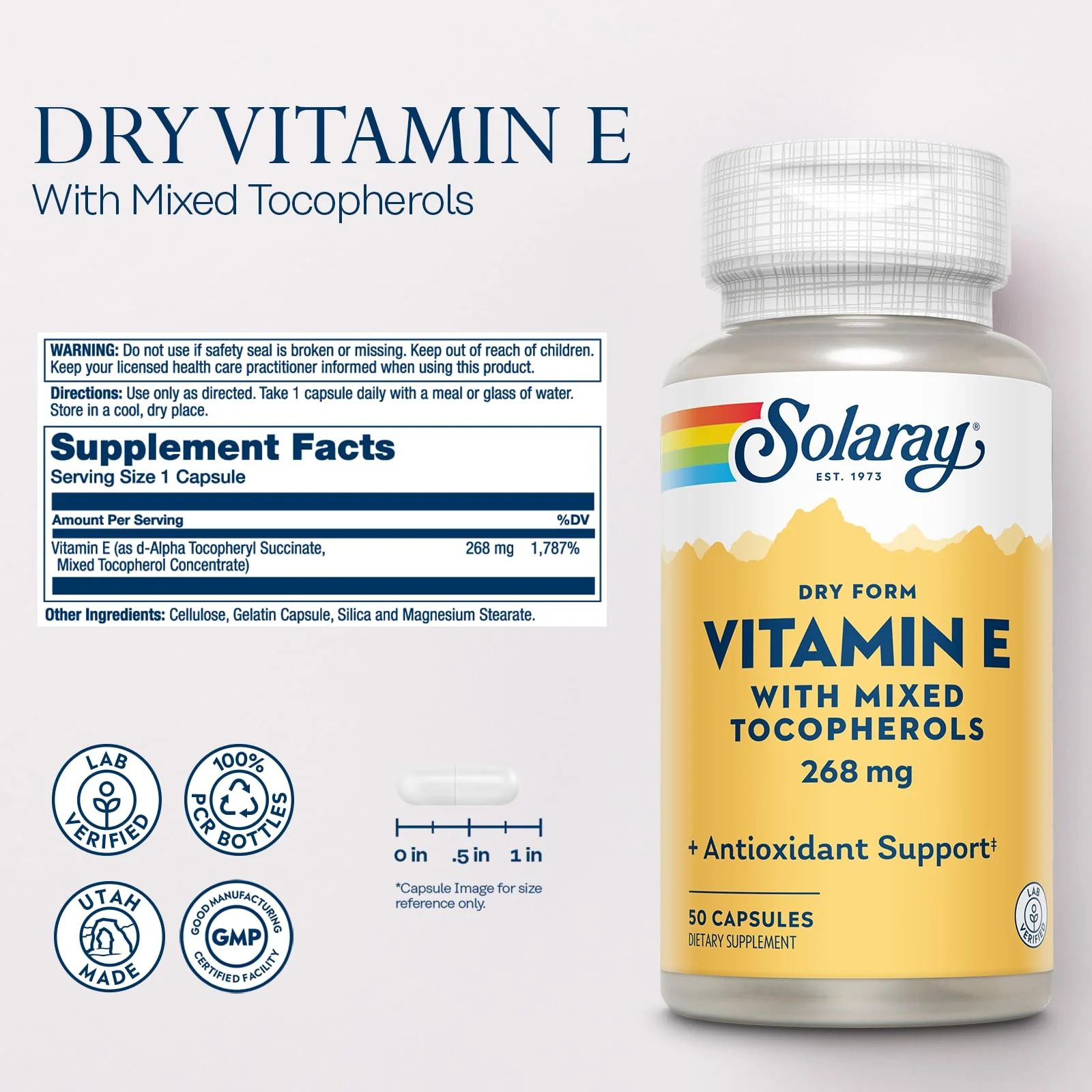 SOLARAY Vitamin E 400 IU (268mg), Dry Form with Mixed Tocopherols Vitamin E - Antioxidant Supplement, PMS and Menopause Support - 60-Day Guarantee, Lab Verified - 50 Servings, 50 Capsules - Image 2