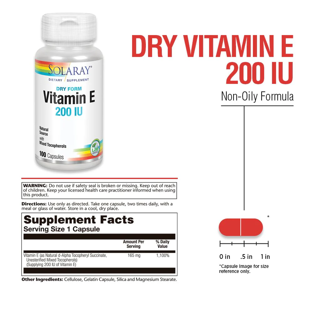 SOLARAY Vitamin E, Dry 200 IU w/Mixed Tocopherols | Healthy Cardiac Function & Skin Health Support | 100ct - Image 3