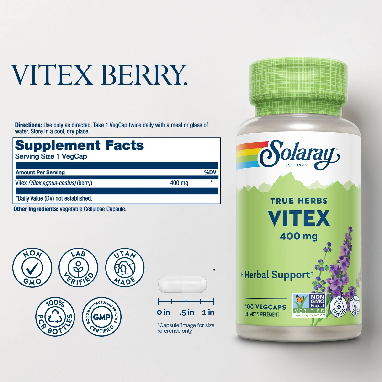 SOLARAY Vitex Berry 400mg | Womens Healthy Hormone Balance Formula | Menstruation & Menopause Support, 100ct - Image 2