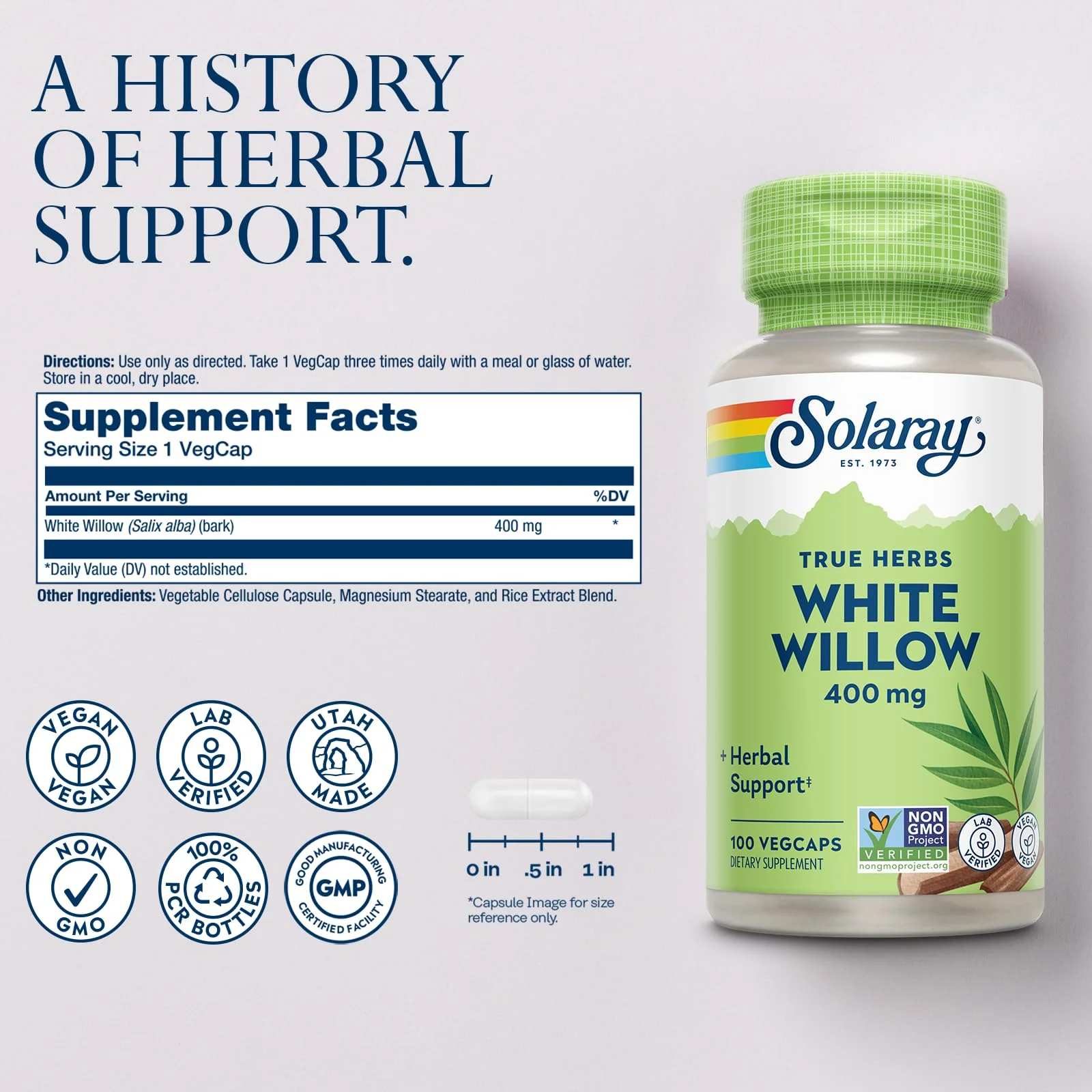 SOLARAY White Willow Bark Capsules 400 mg for Men & Women - Natural Herbal Supplement, White Willow Herb Caps for Wellness Support, Non GMO, Vegan - 100 Veg Caps - Image 2