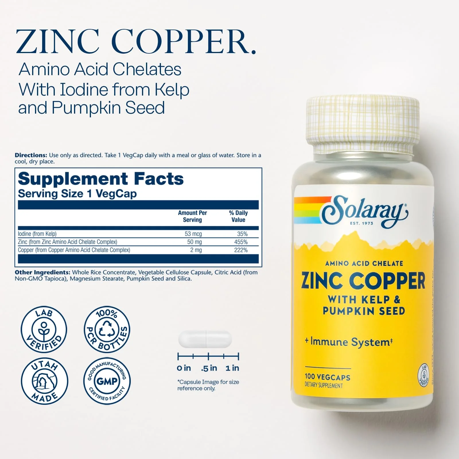 SOLARAY Zinc Copper Amino Acid Chelate - Immune Support Supplement w/Chelated Zinc 50mg - Bone, Skin, Heart Health and Thyroid Support - with Iodine from Kelp, 60-Day Guarantee, 100 Serv, 100 VegCaps - Image 6