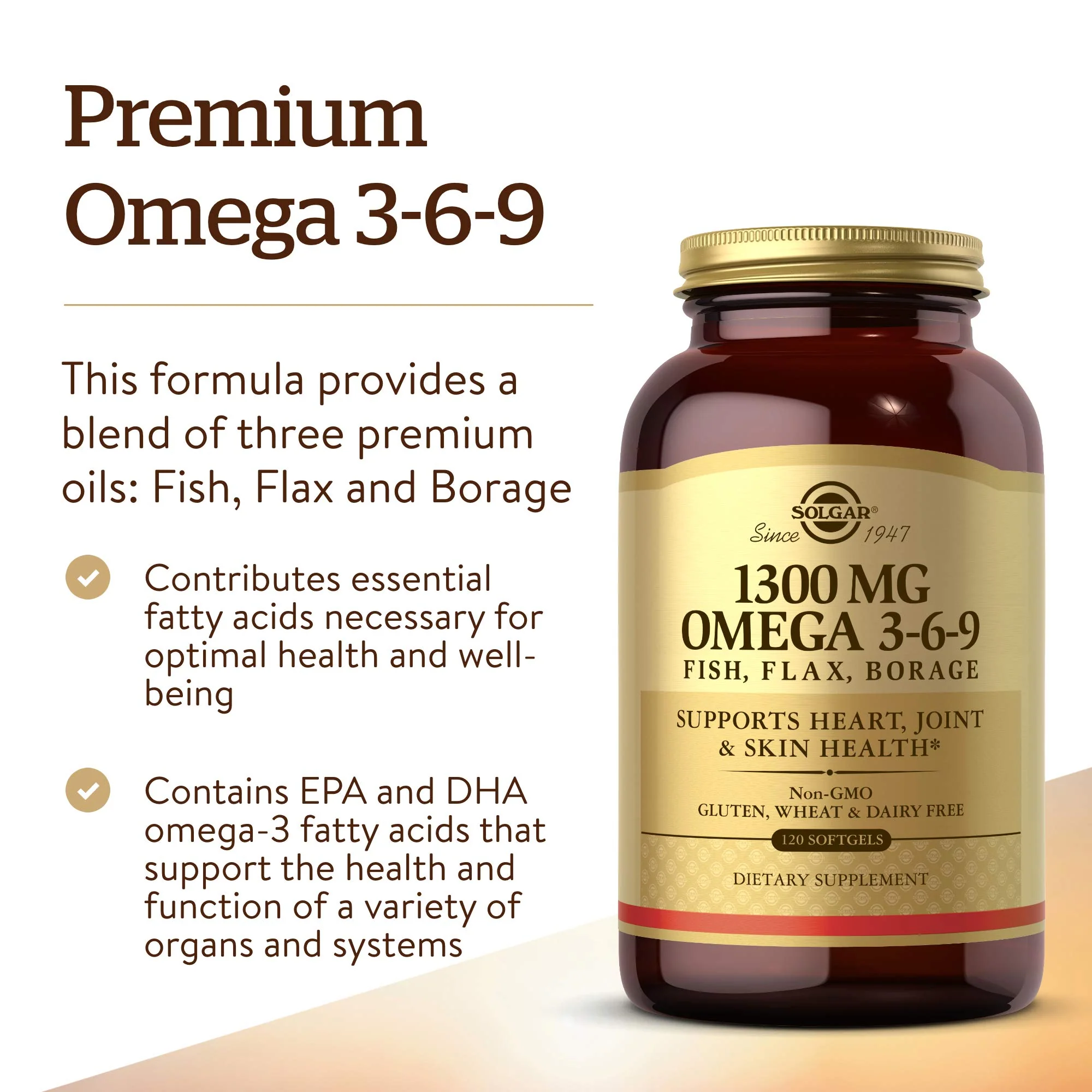 Solgar 1300 mg Omega 3-6-9, 120 Softgels - Fish Oil Supplement - Support for Joint & Skin Health - Includes Flaxseed & Borage - Contains EPA & DHA Omega 3 Fatty Acids - 40 Servings - Image 6
