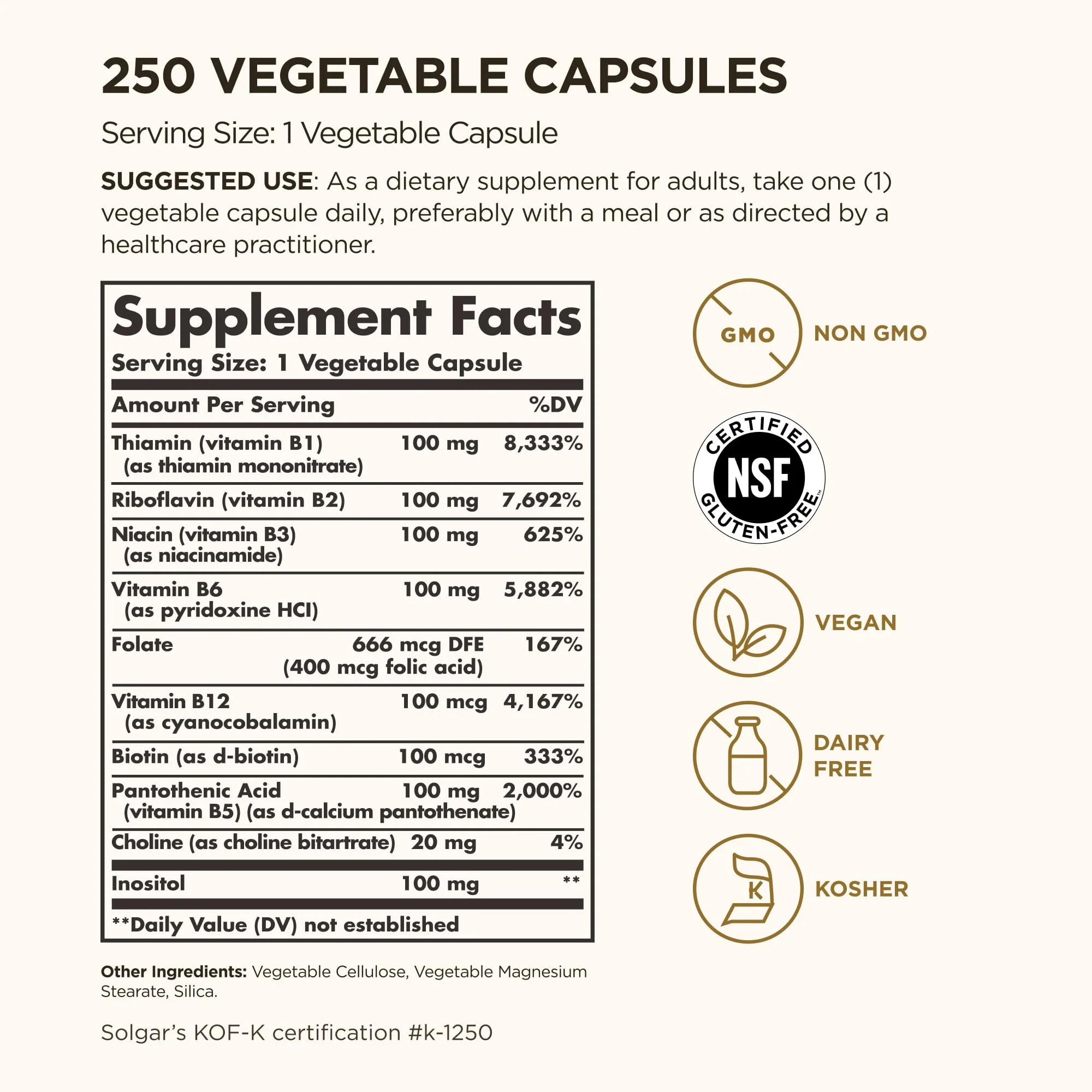Solgar B-Complex "100", 250 Vegetable Capsules - Nervous System Support - Supports Energy Metabolism - Non-GMO, Vegan, Gluten Free, Dairy Free, Kosher - 250 Servings - Image 6