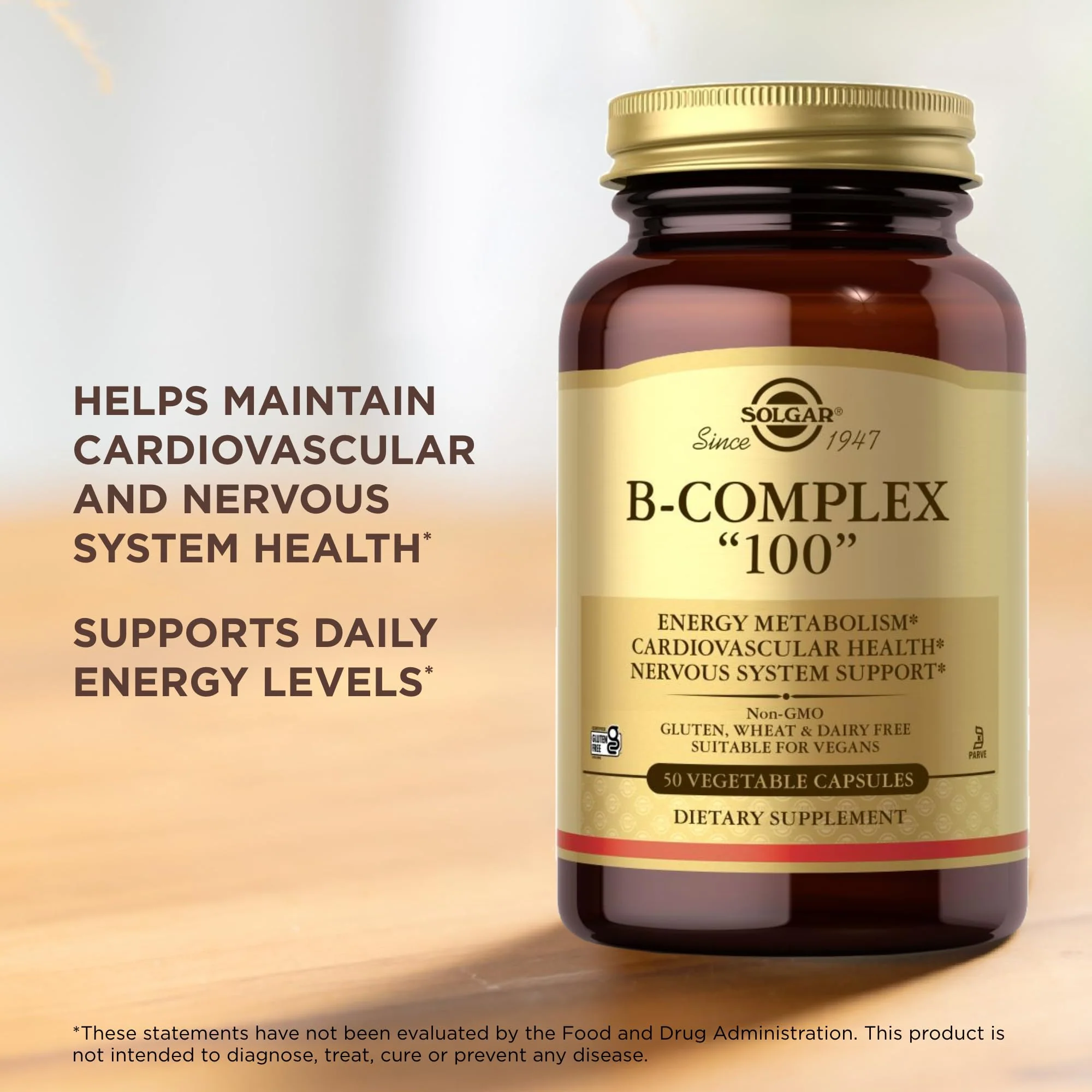 Solgar B-Complex 100" - 50 Vegetable Capsules - Energy Metabolism, Nervous System Support - Non-GMO, Vegan, Gluten Free - 50 Servings - Image 3