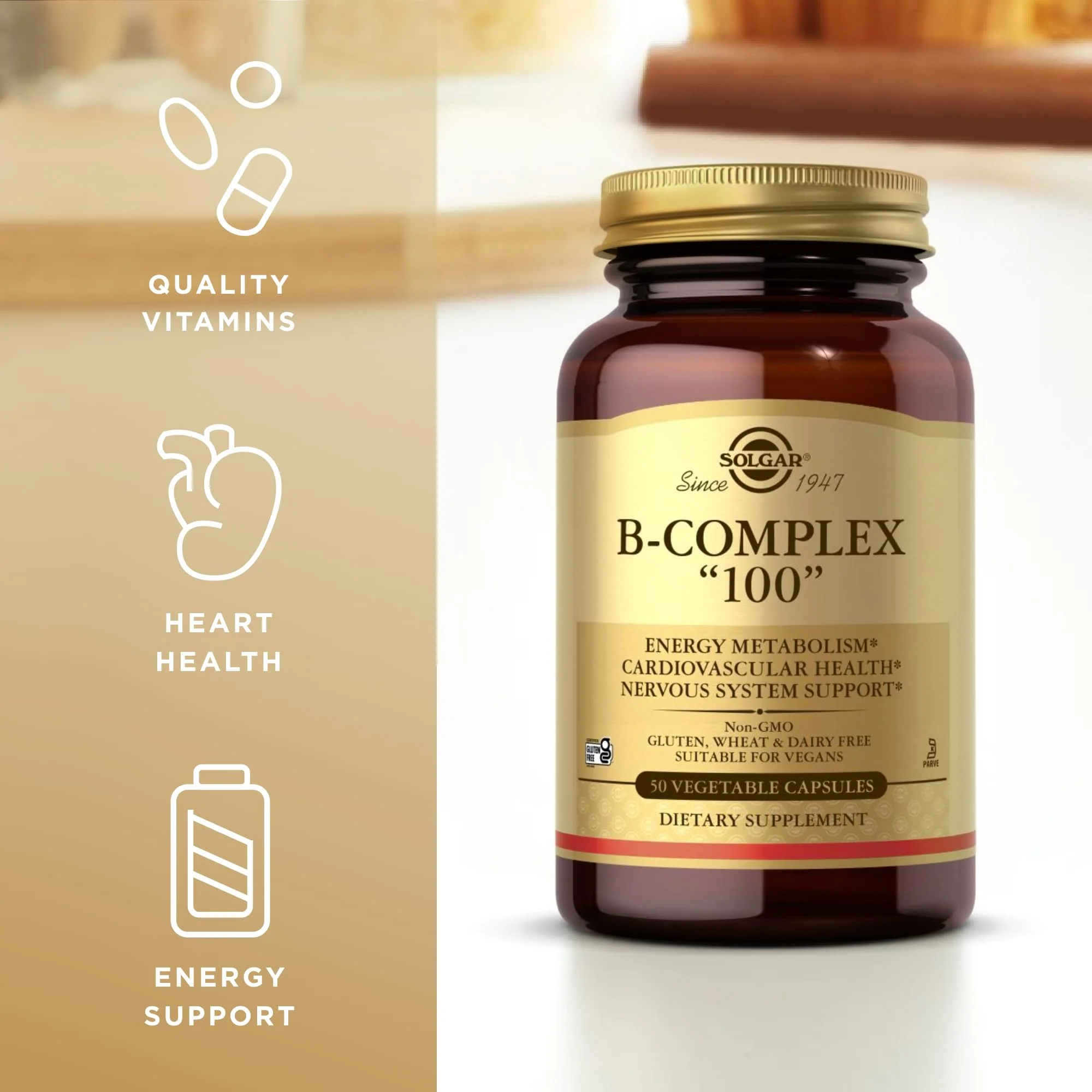 Solgar B-Complex 100" - 50 Vegetable Capsules - Energy Metabolism, Nervous System Support - Non-GMO, Vegan, Gluten Free - 50 Servings - Image 4