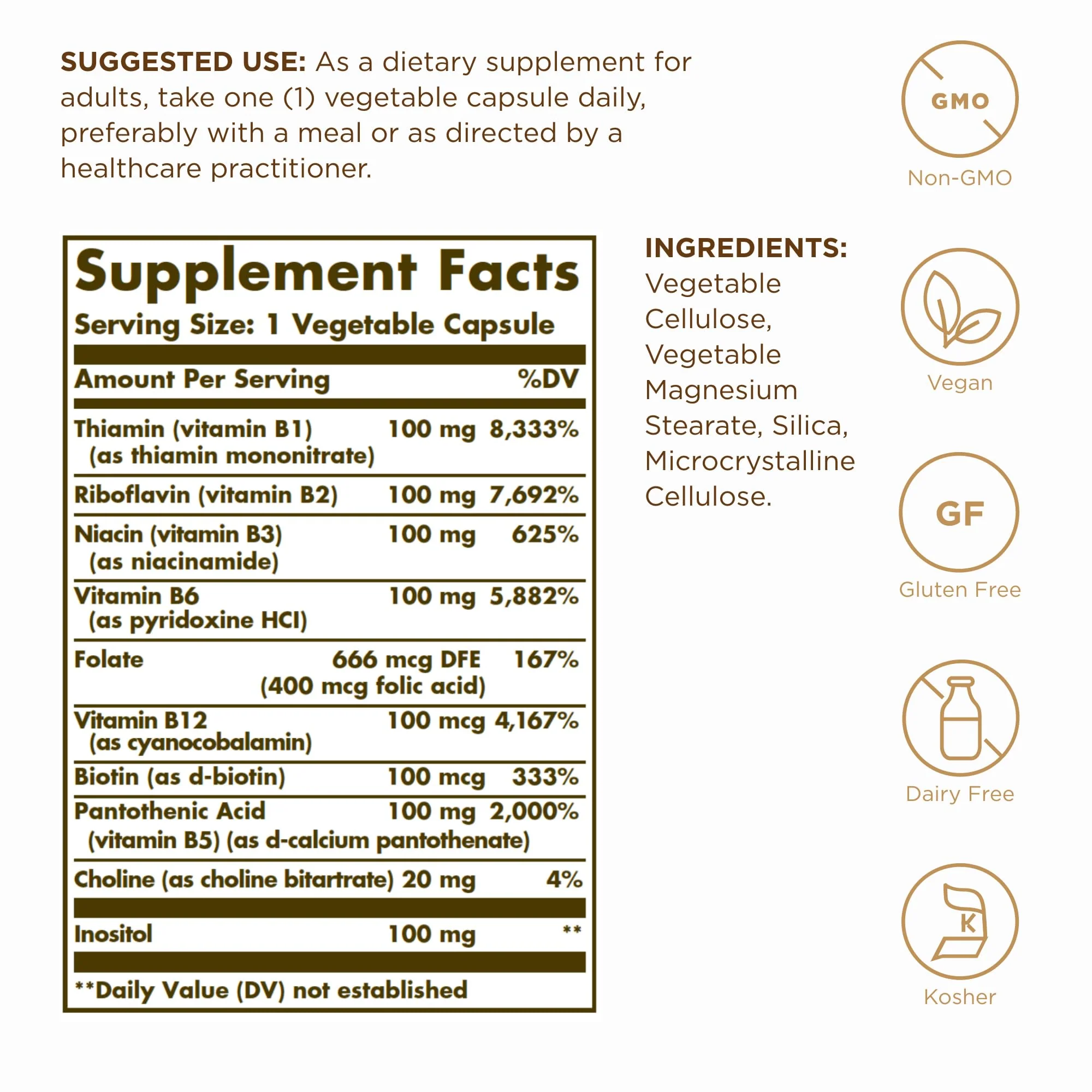 Solgar B-Complex 100" - 50 Vegetable Capsules - Energy Metabolism, Nervous System Support - Non-GMO, Vegan, Gluten Free - 50 Servings - Image 6