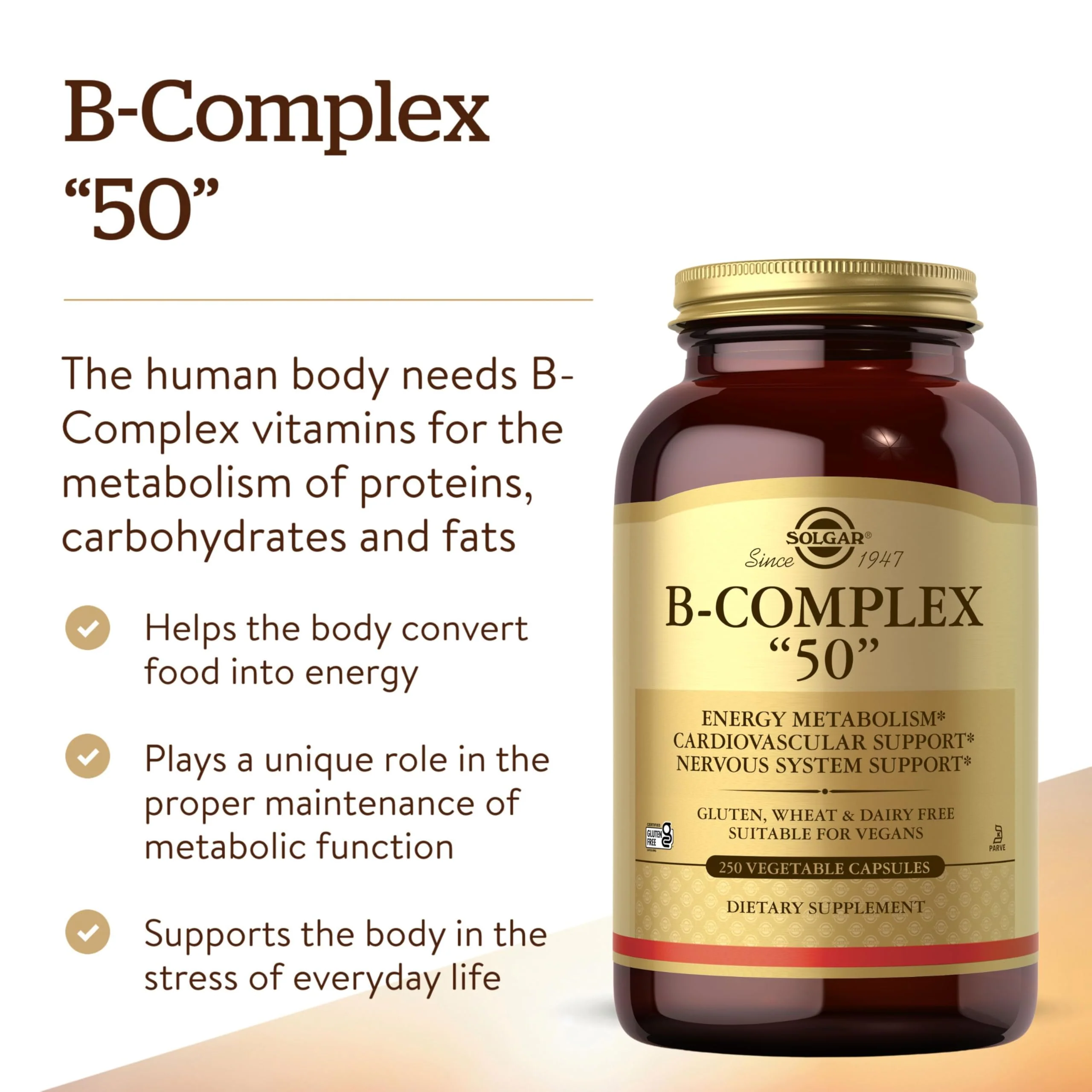 Solgar B-Complex “50”, 250 Vegetable Capsules - Energy Metabolism, Cardiovascular Support, Nervous System Support - Non-GMO, Vegan, Gluten Free, Dairy Free, Kosher - 250 Servings - Image 5