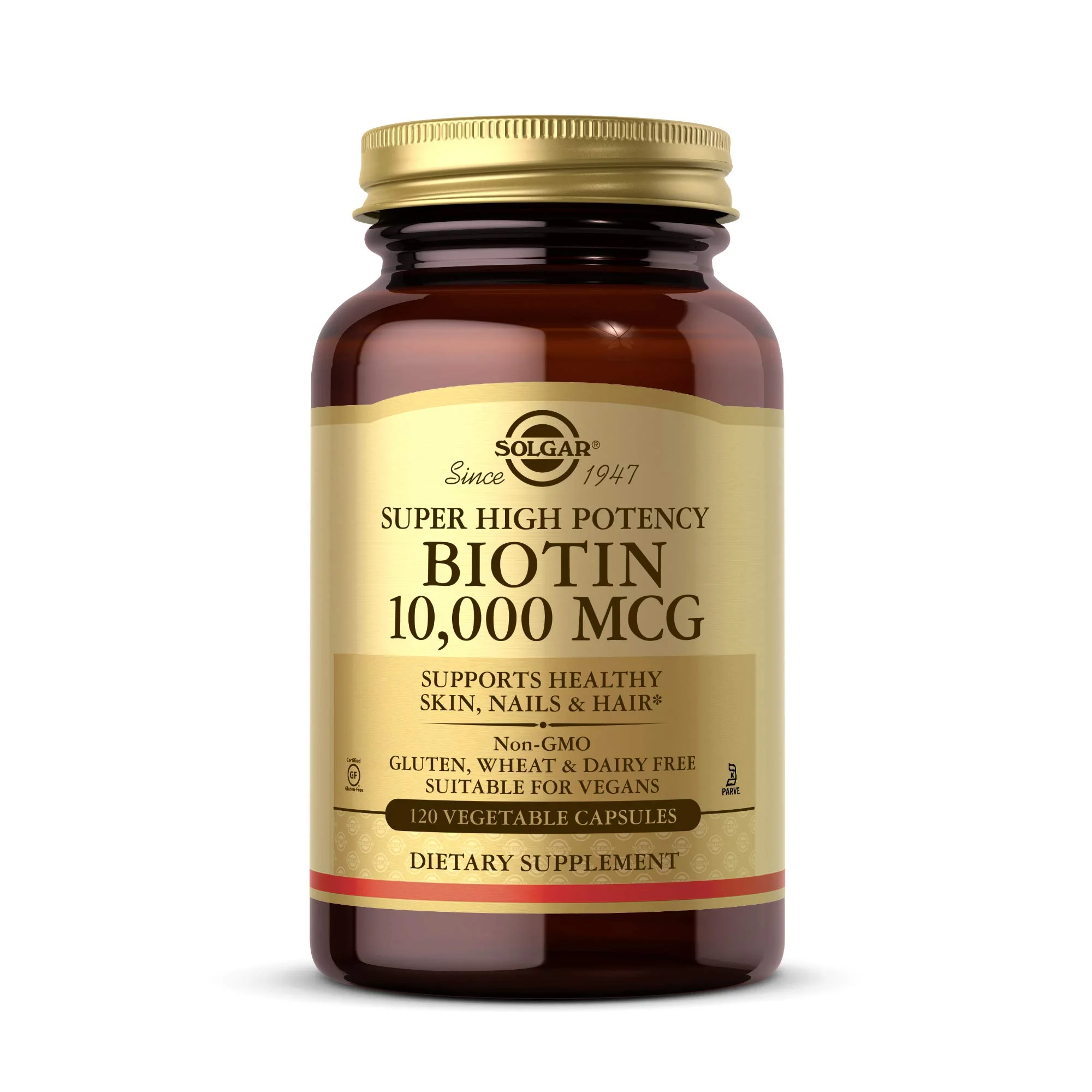 Solgar Biotin 10000 mcg Vegetable Capsules Energy Metabolism Promotes Healthy Skin Nails Hair Super High Potency NonGMO Vegan Gluten Free Dairy Free Kosher Servings, Standard Packaging, Unflavored, 120 Count