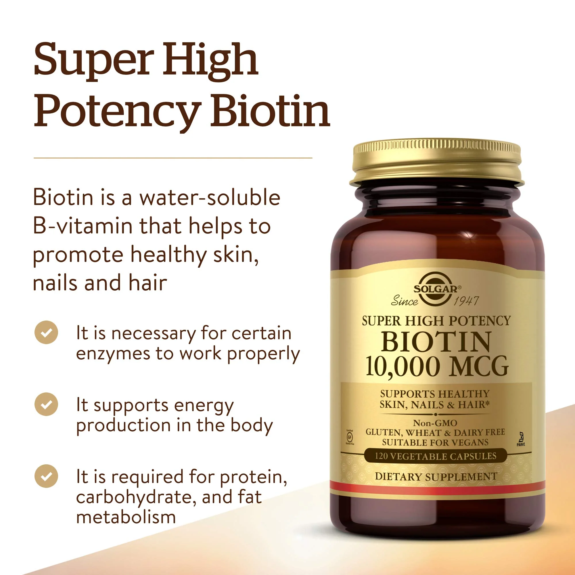 Solgar Biotin 10000 mcg Vegetable Capsules Energy Metabolism Promotes Healthy Skin Nails Hair Super High Potency NonGMO Vegan Gluten Free Dairy Free Kosher Servings, Standard Packaging, Unflavored, 120 Count - Image 3