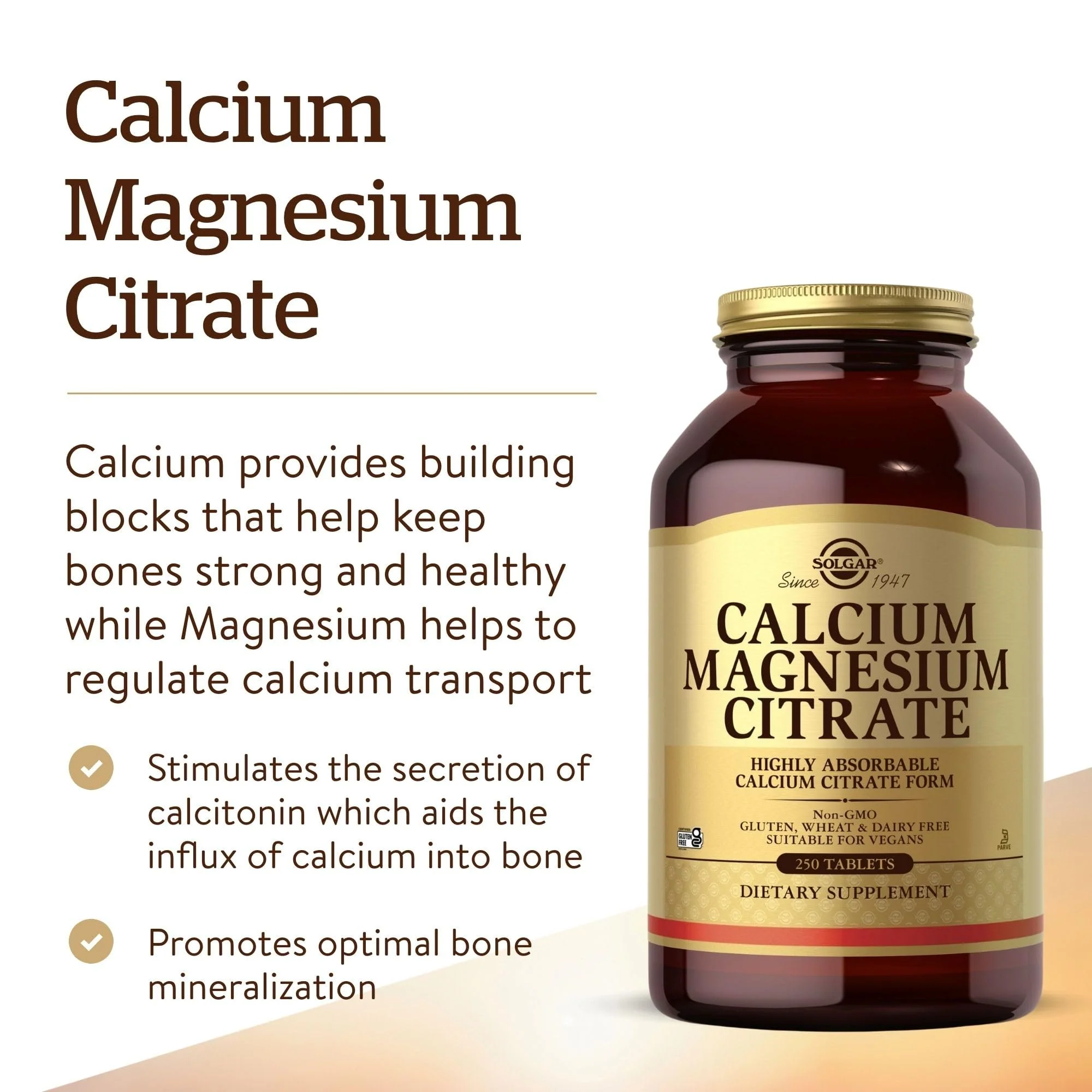 Solgar Calcium Magnesium Citrate, 250 Tablets - Supports Healthy Bones & Teeth - Musculoskeletal & Nervous System Support - Highly Absorbable - Non-GMO and Vegan - 50 Servings - Image 5
