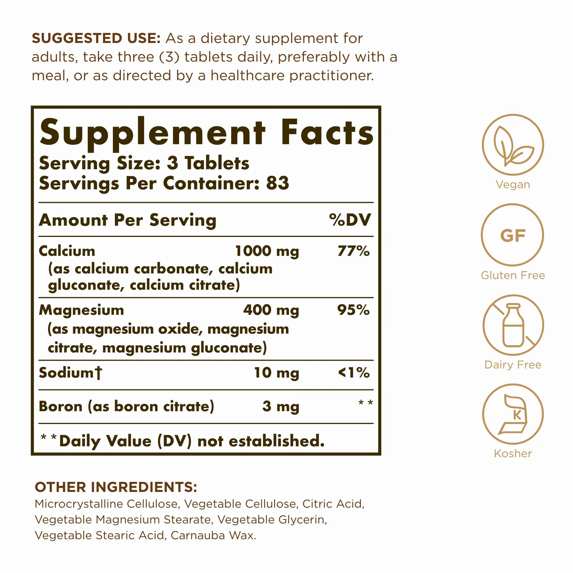 Solgar Calcium Magnesium Plus Boron - 250 Tablets - Promotes Bone Health, Supports Nerve & Muscle Function - With Boron for Calcium Metabolism - Vegan, Gluten Free, Dairy Free, Kosher - 83 Servings - Image 6