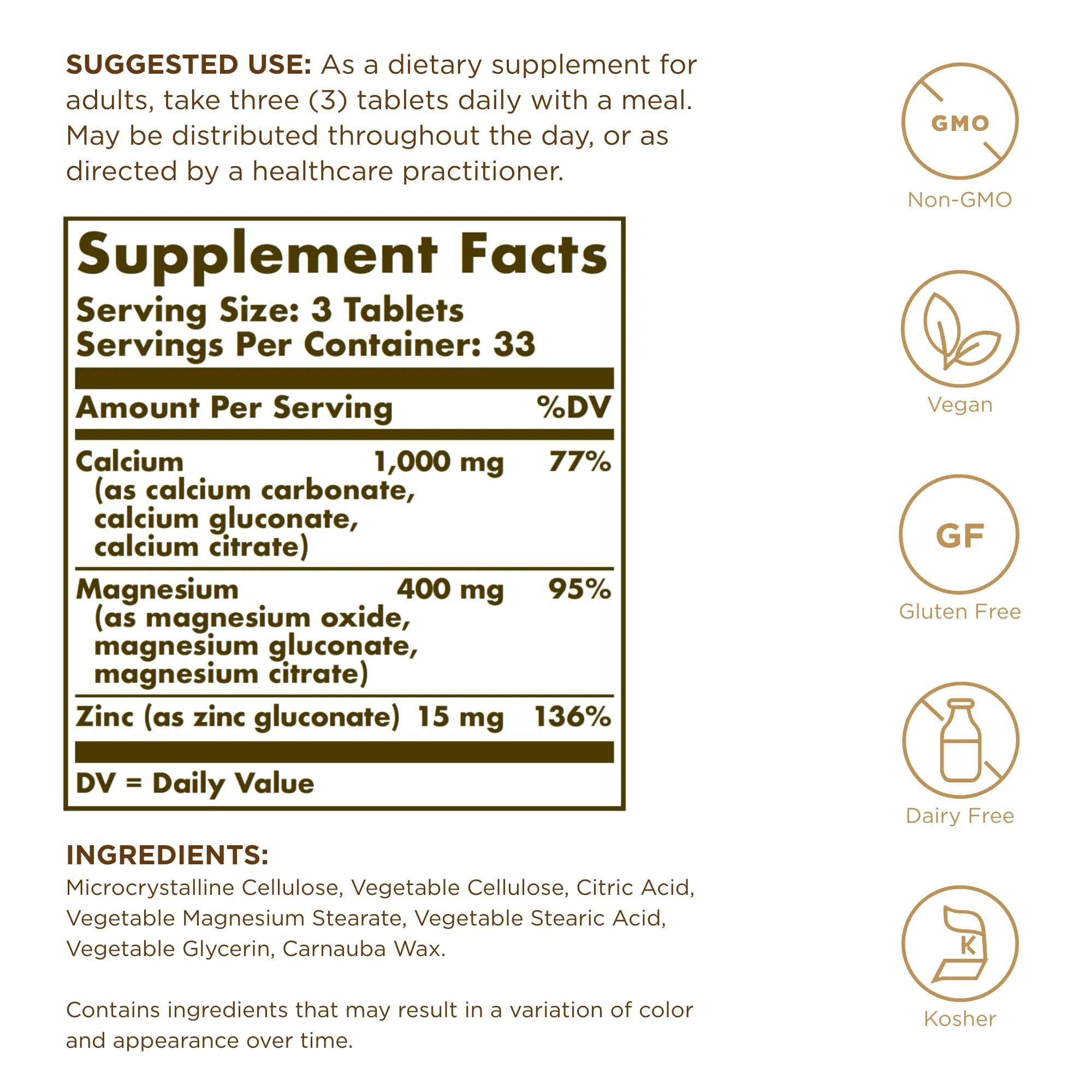 Solgar Calcium Magnesium Plus Zinc, 100 Tablets (Pack of 3) - Promotes Healthy Bones and Teeth - Supports Nerve & Muscle Function - Non-GMO, Vegan, Gluten Free, Dairy Free, Kosher - 100 Total Servings - Image 6