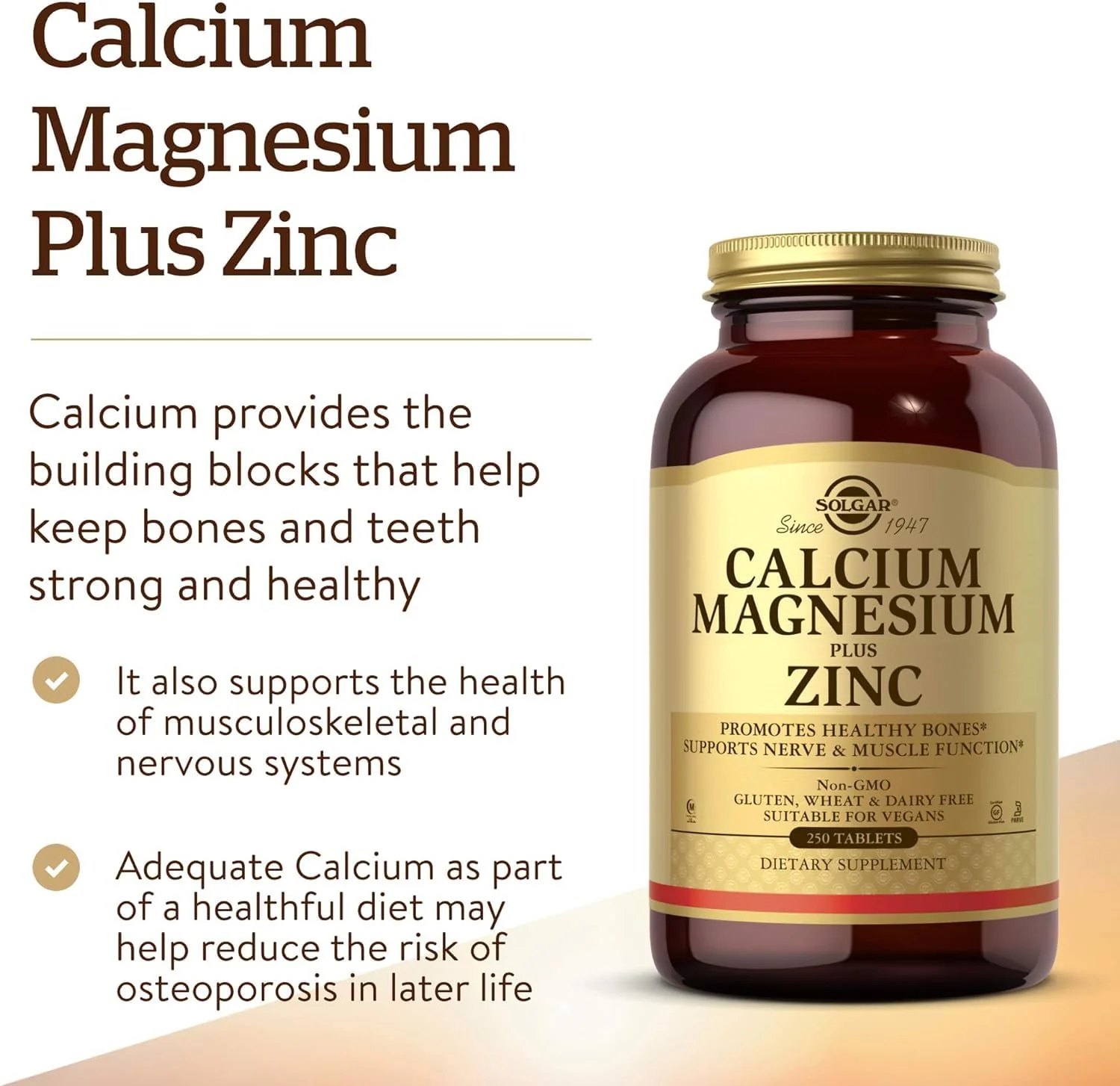 Solgar Calcium Magnesium Plus Zinc, 250 Tablets - Promotes Healthy Bones and Teeth - Supports Nerve & Muscle Function - Non GMO, Vegan, Gluten Free, Dairy Free, Kosher, Halal - 83 Servings - Image 6