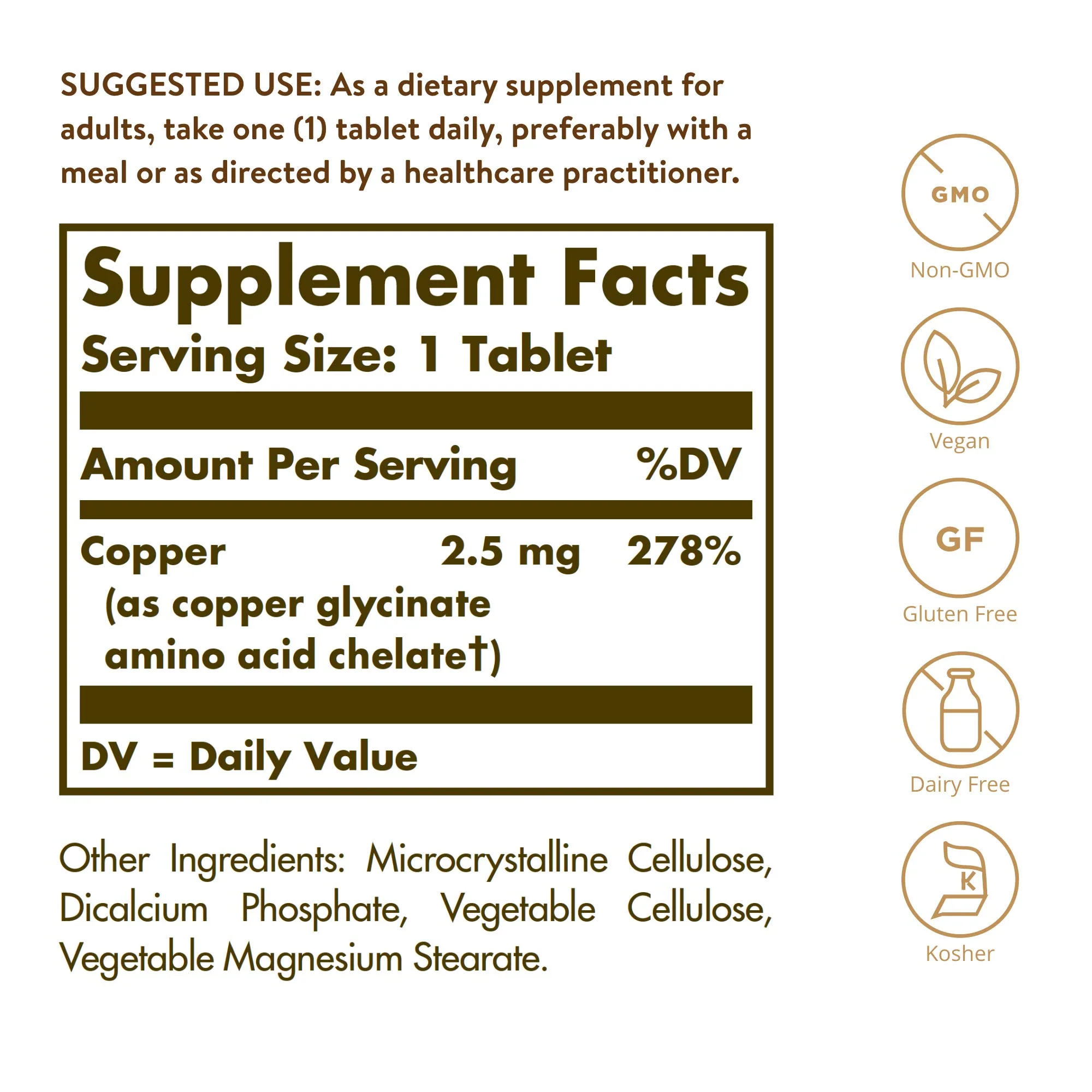 Solgar Chelated Copper, 100 Tablets - Essential for Collagen Formation - Highly Bioavailable Form - Supports Connective Tissue - Non-GMO, Vegan, Gluten Free, Dairy Free, Kosher - 100 Servings - Image 14