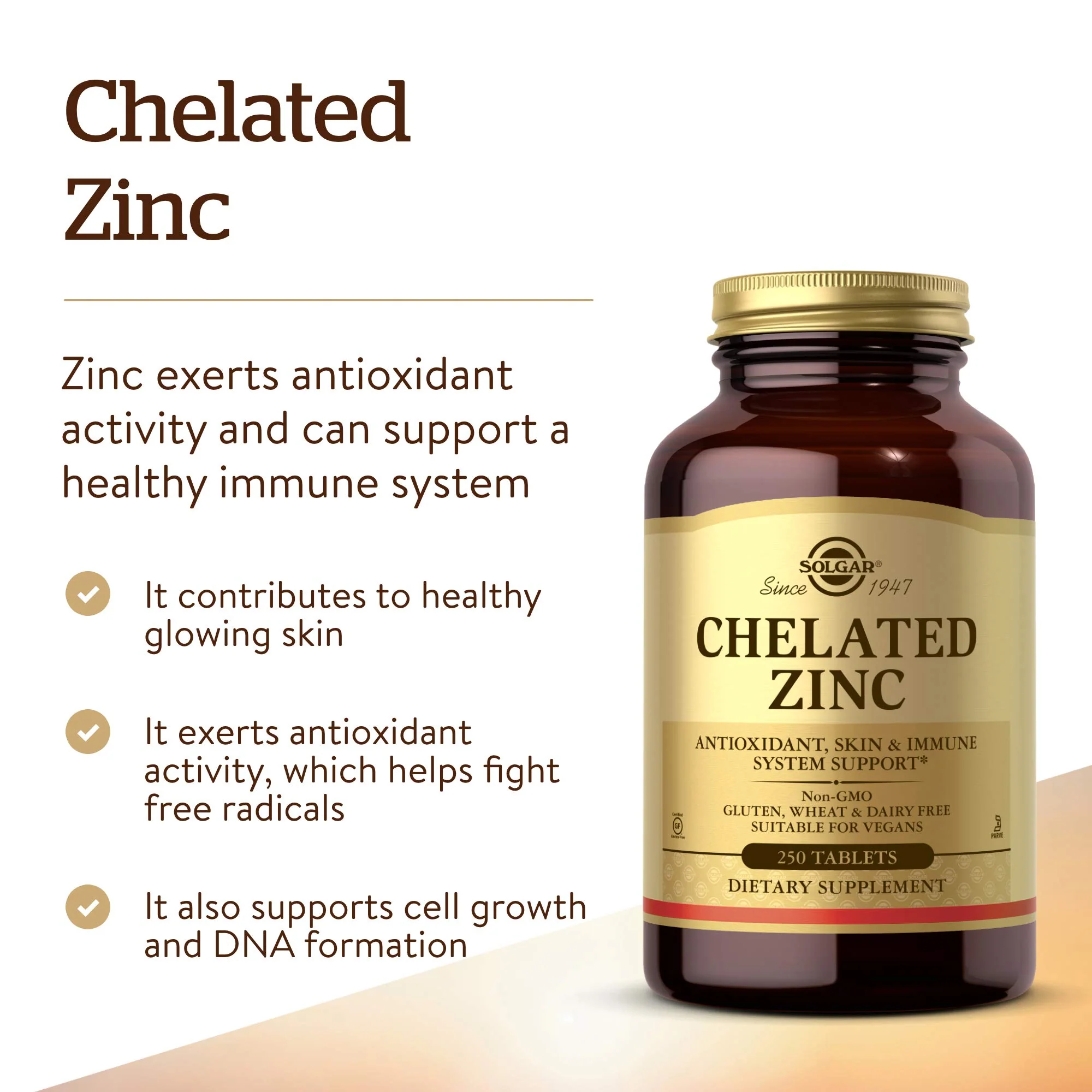 Solgar Chelated Zinc, 250 Tablets - Zinc for Healthy Skin - Supports Cell Growth & DNA Formation - Exerts Antioxidant Activity - Supports A Healthy Immune System - Non GMO, Vegan - 250 Servings - Image 7