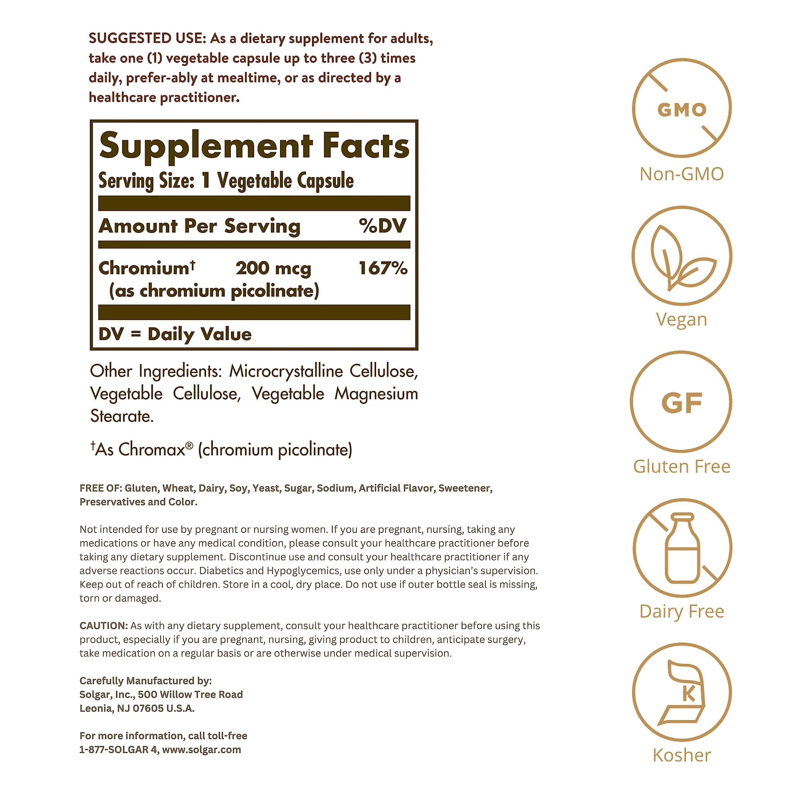 Solgar Chromium Picolinate 200 mcg, 180 Vegetable Capsules - Supports Healthy Blood Sugar Metabolism - Non-GMO, Vegan, Gluten Free, Dairy Free, Kosher - 180 Servings - Image 6