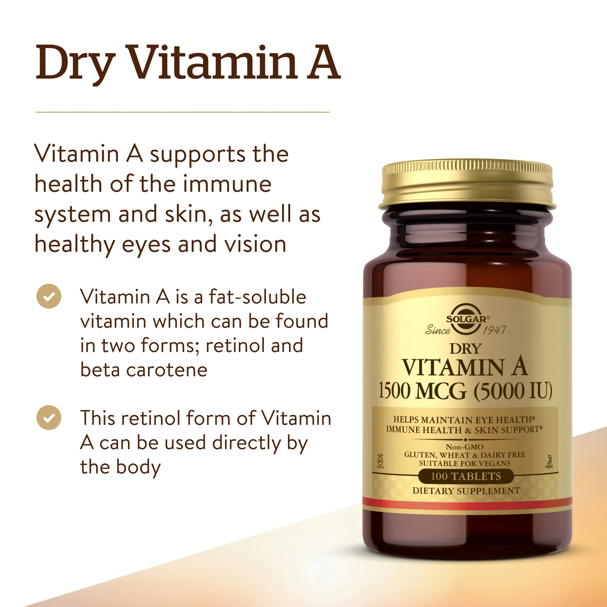 Solgar Dry Vitamin A 1500 mcg (5000 IU), 100 Tablets - Supports Healthy Eyes, Skin & Immune System - Non-GMO, Vegan, Gluten Free, Dairy Free, Kosher - 100 Servings - Image 6