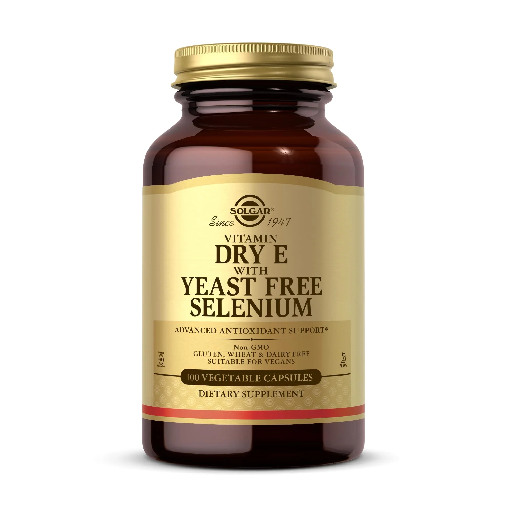 Solgar Dry Vitamin E with Yeast-Free Selenium - 100 Vegetable Capsules - Advanced Antioxidant Support - Non-GMO, Vegan, Gluten Free, Dairy Free, Kosher - 50 Servings