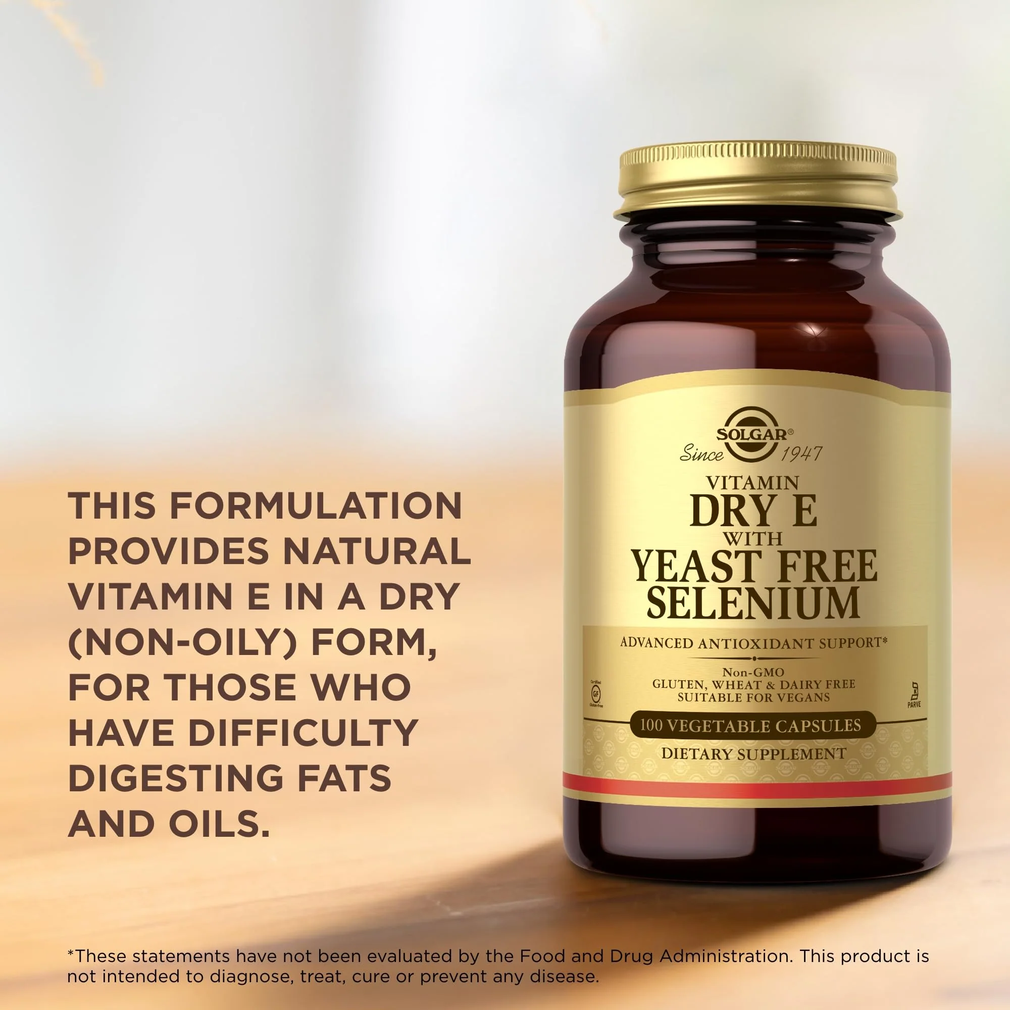 Solgar Dry Vitamin E with Yeast-Free Selenium - 100 Vegetable Capsules - Advanced Antioxidant Support - Non-GMO, Vegan, Gluten Free, Dairy Free, Kosher - 50 Servings - Image 3