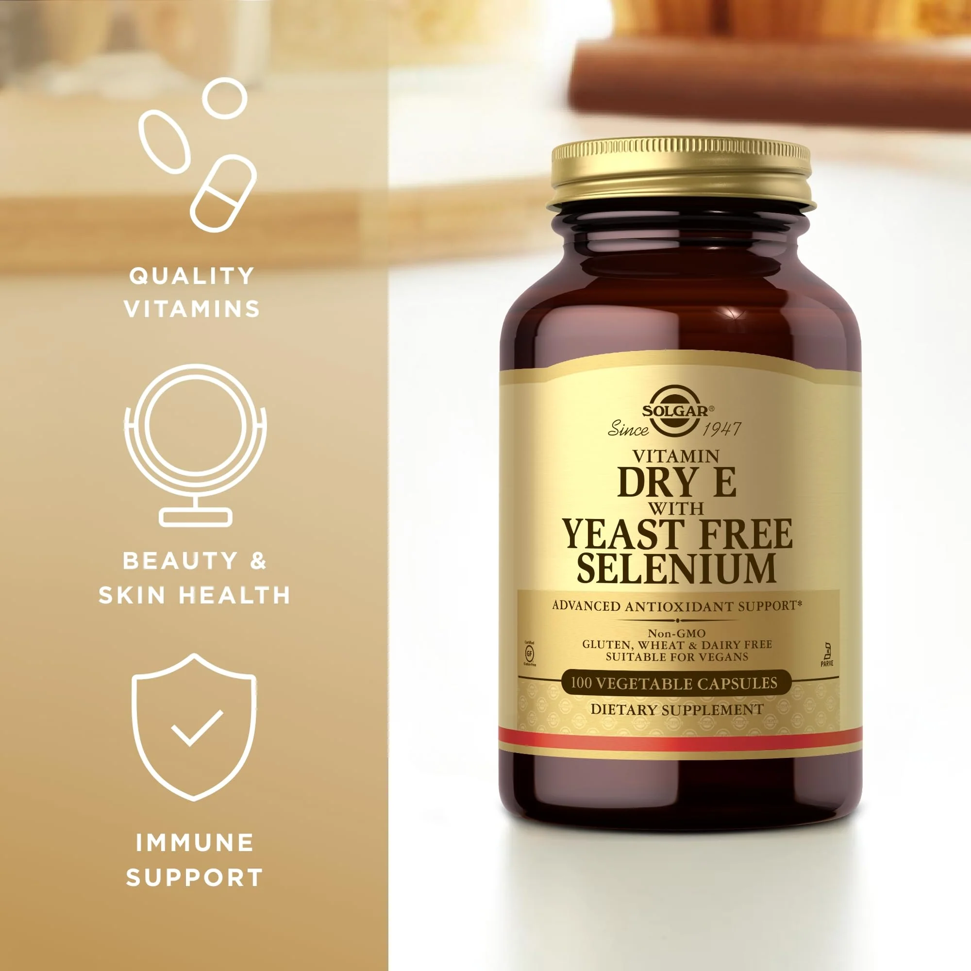 Solgar Dry Vitamin E with Yeast-Free Selenium - 100 Vegetable Capsules - Advanced Antioxidant Support - Non-GMO, Vegan, Gluten Free, Dairy Free, Kosher - 50 Servings - Image 4