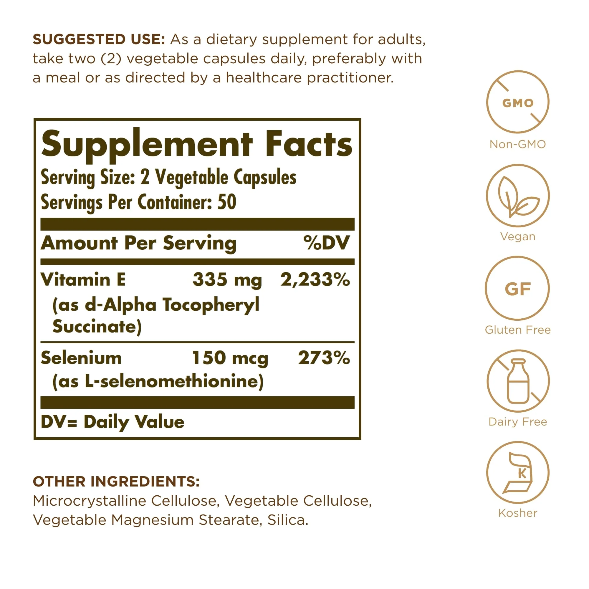 Solgar Dry Vitamin E with Yeast-Free Selenium - 100 Vegetable Capsules - Advanced Antioxidant Support - Non-GMO, Vegan, Gluten Free, Dairy Free, Kosher - 50 Servings - Image 6