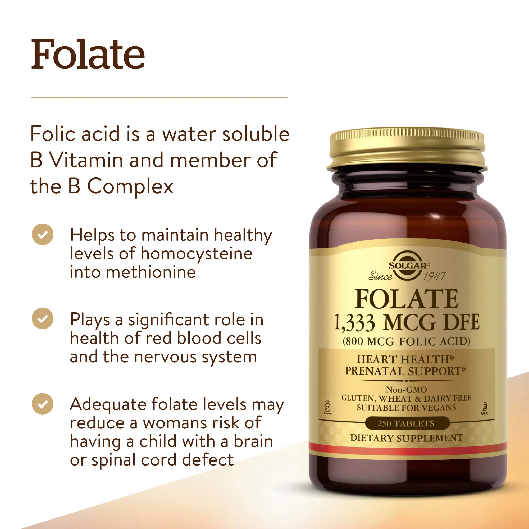 Solgar Folate 1,333 MCG Dietary Folate Equivalent (800 mcg Folic Acid), 250 Tablets - Heart Health, Healthy Nervous System, Prenatal Support - Non-GMO, Vegan, Gluten Free, Dairy Free - 250 Servings - Image 5