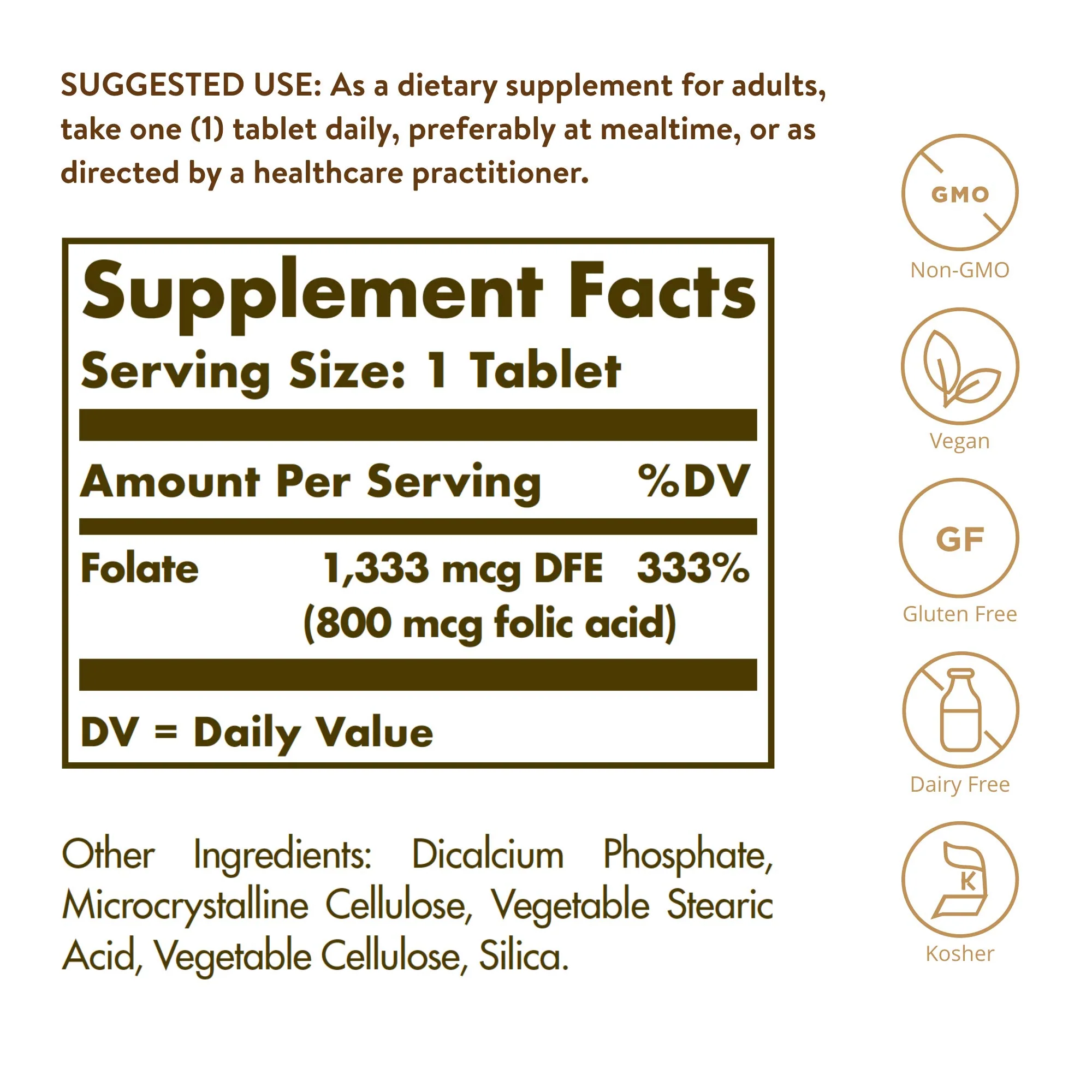 Solgar Folate 1,333 MCG Dietary Folate Equivalent (800 mcg Folic Acid), 250 Tablets - Heart Health, Healthy Nervous System, Prenatal Support - Non-GMO, Vegan, Gluten Free, Dairy Free - 250 Servings - Image 6
