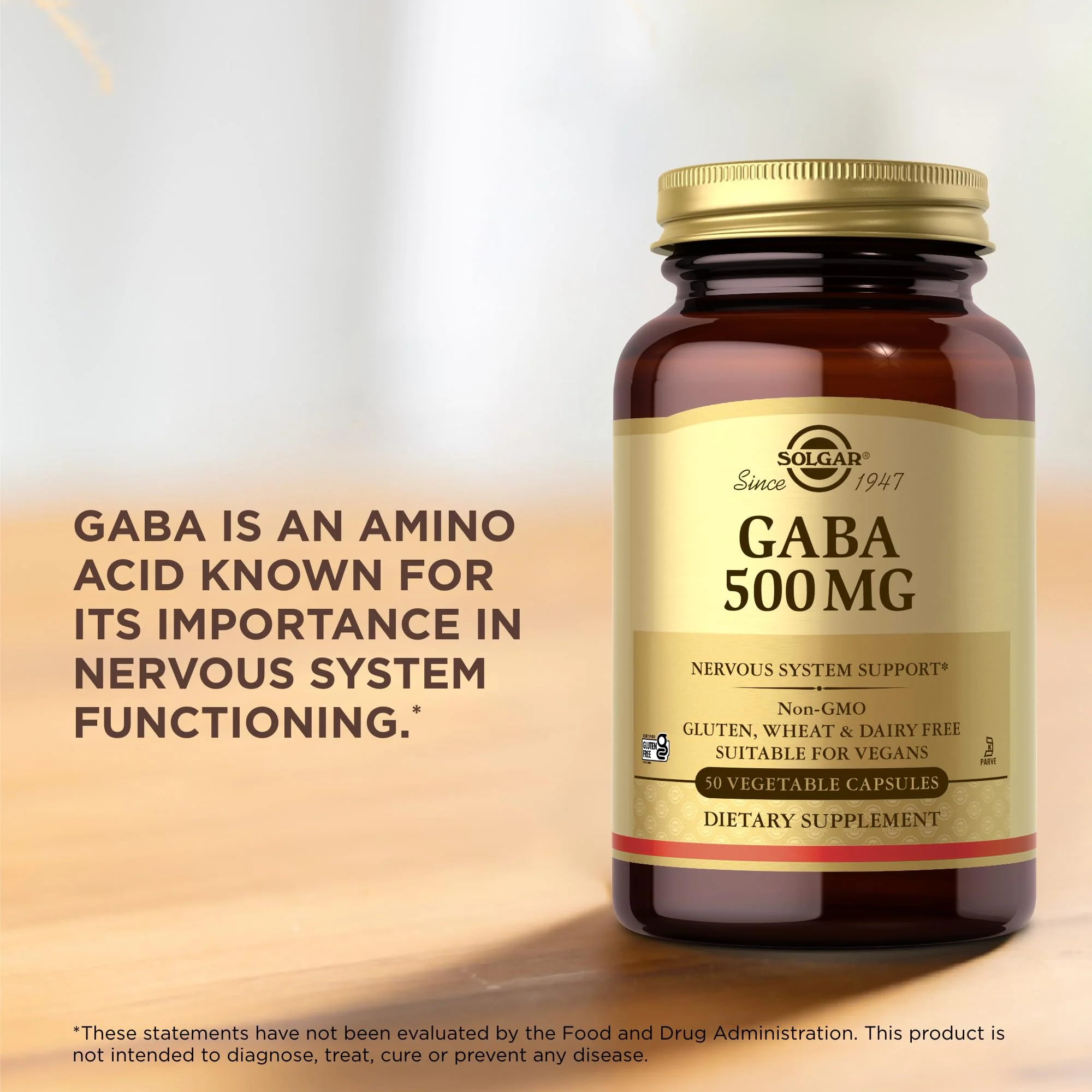 Solgar GABA 500 mg, 50 Vegetable Capsules - Relaxation & Nervous System Support - Amino Acid - Non-GMO, Vegan, Gluten Free, Dairy Free, Kosher - 50 Servings - Image 3