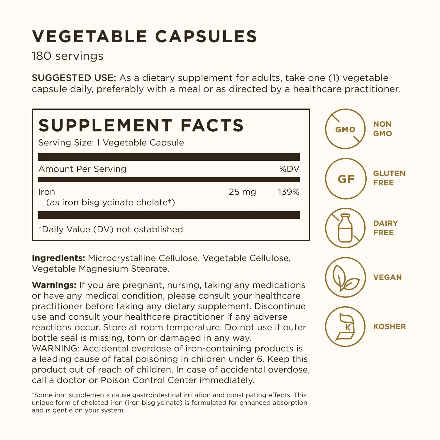 Solgar Gentle Iron, 180 Vegetable Capsules - Ideal for Sensitive Stomachs - Non-Constipating - Red Blood Cell Supplement - Non GMO, Vegan, Gluten-Free, Dairy Free, Kosher - 180 Servings - Image 8