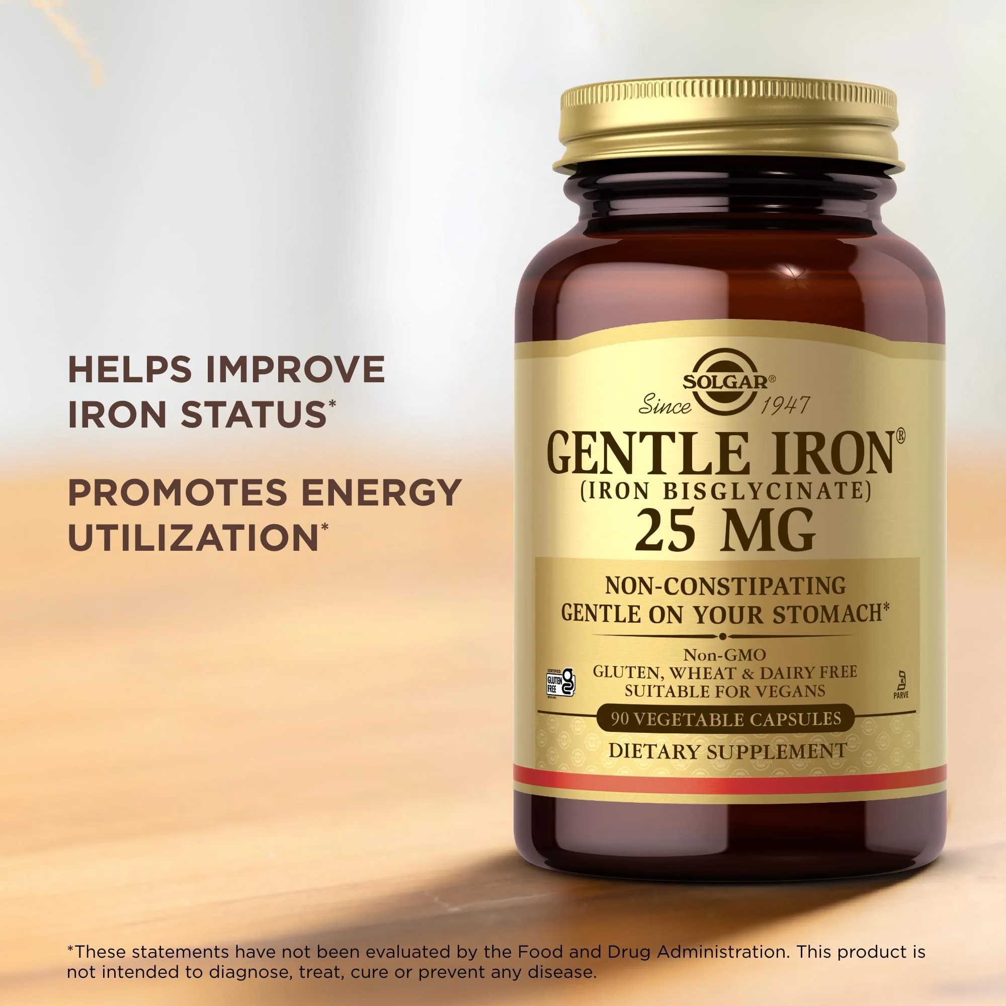 Solgar Gentle Iron (Iron Bisglycinate) 25 mg - 90 Vegetable Capsules - Non-Constipating, Gentle on Your Stomach - Gluten Free - 90 Servings - Image 3