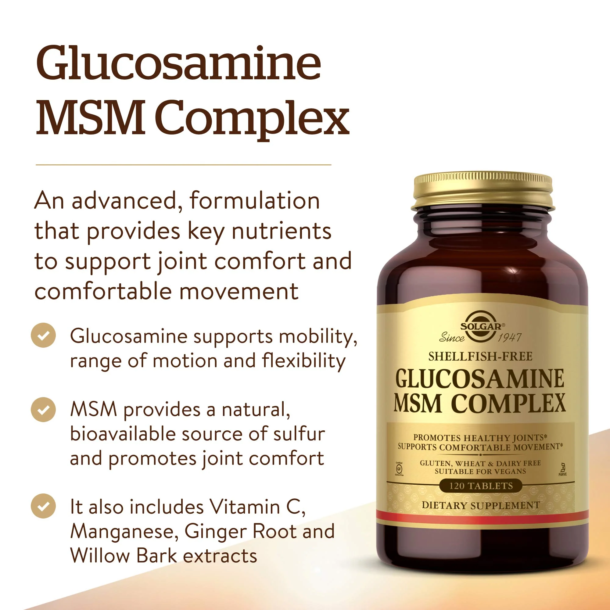 Solgar Glucosamine MSM Complex, 120 Tablets - Promotes Healthy Joints - Supports Range of Motion & Flexibility - Supports Collagen - Shellfish-Free - Gluten Free, Dairy Free, Kosher - 40 Servings - Image 3