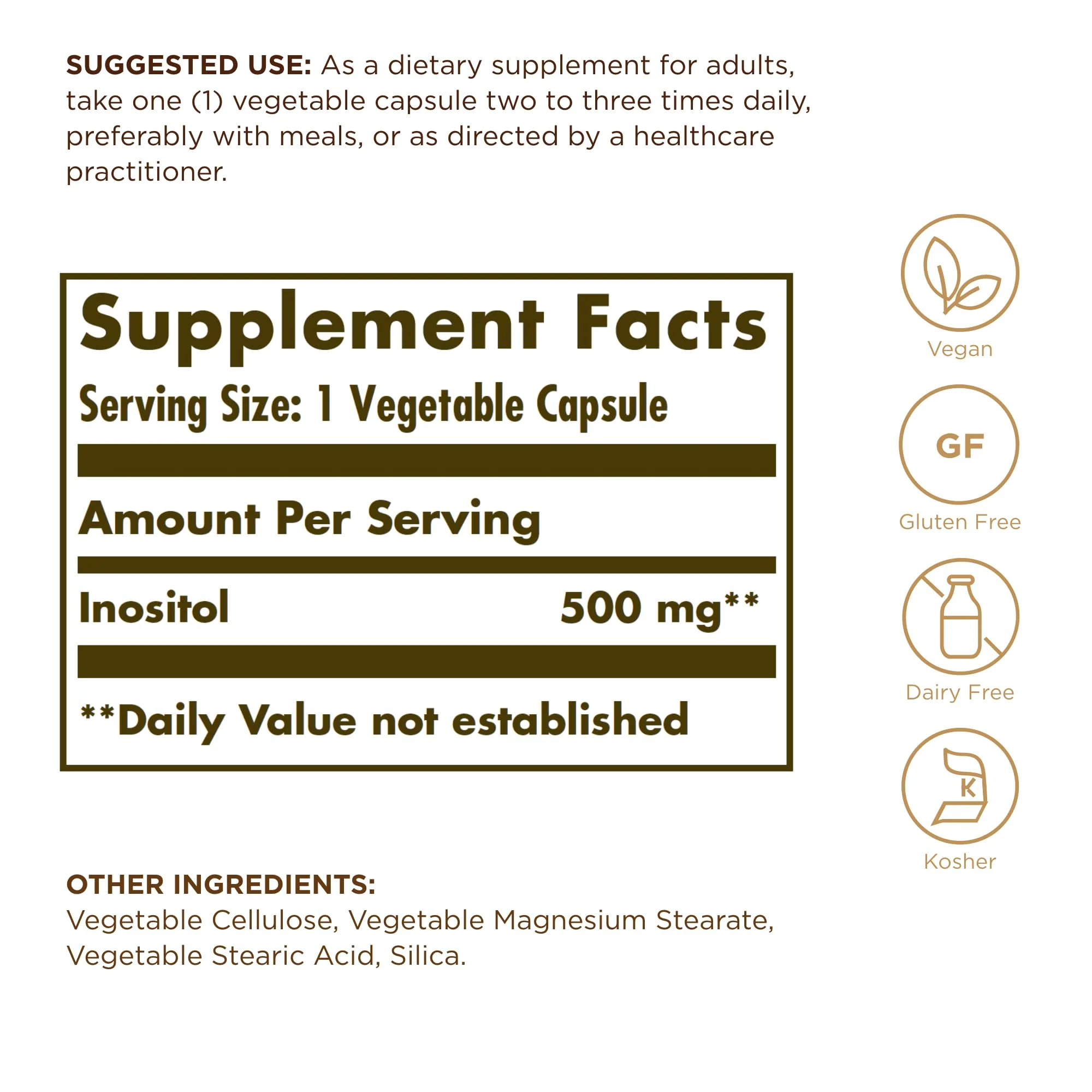Solgar Inositol 500 mg - 100 Vegetable Capsules - Non-GMO, Vegan, Gluten Free, Dairy Free, Kosher - 100 Servings - Image 6