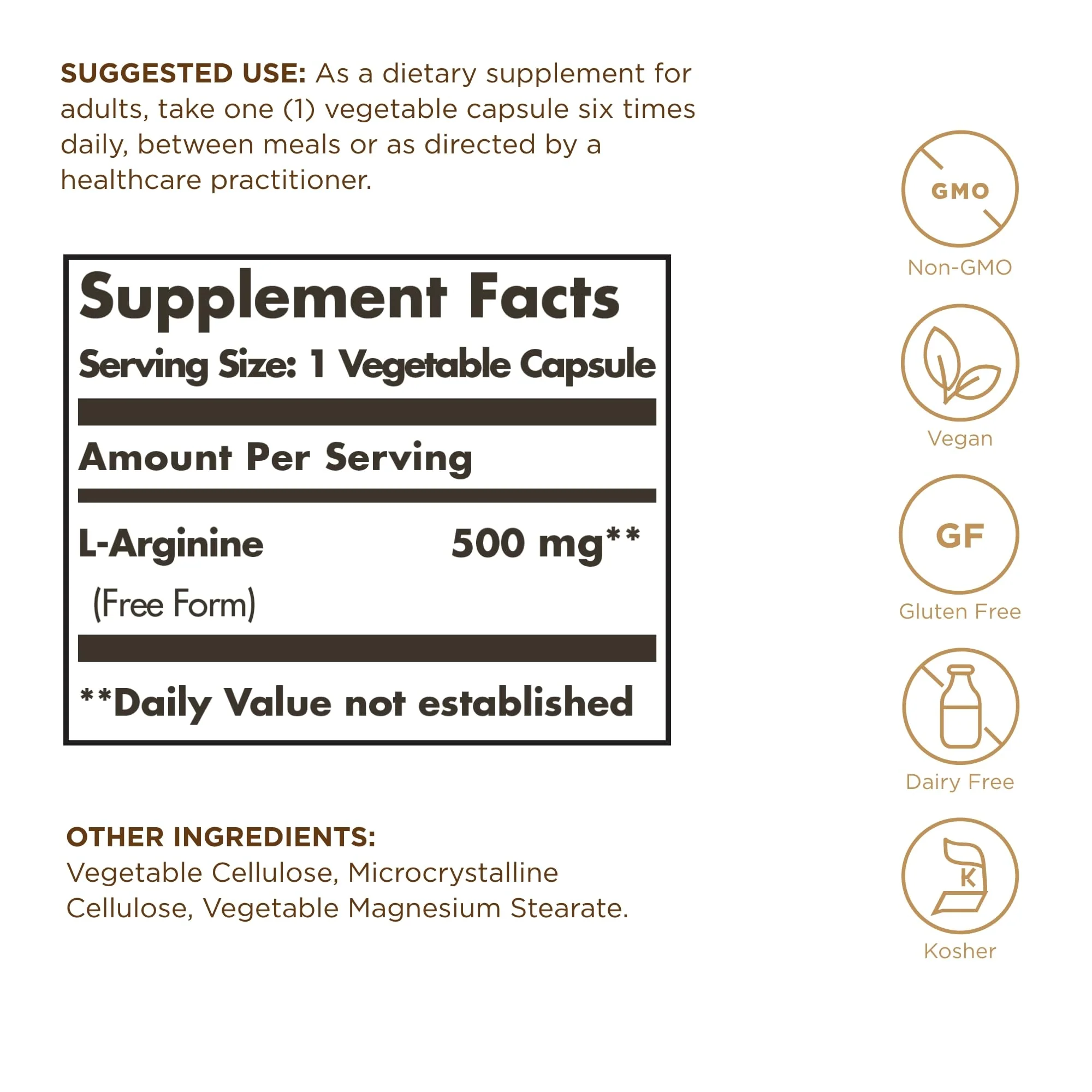 Solgar L-Arginine 500 mg - 100 Vegetable Capsules - Nitric Oxide Stimulator - Non-GMO, Vegan, Gluten Free, Dairy Free, Kosher - 100 Servings - Image 6