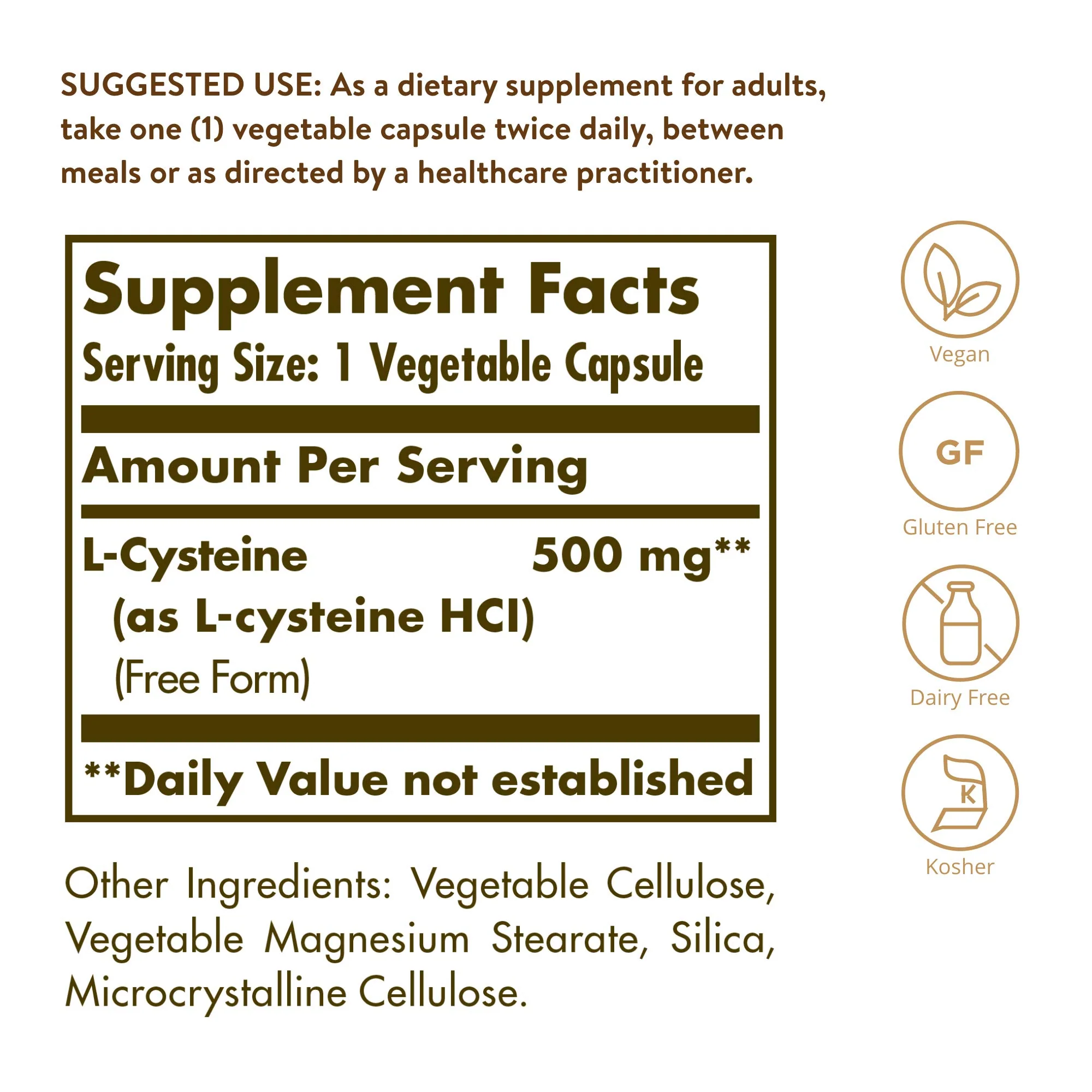 Solgar L-Cysteine 500 mg, 90 Vegetable Capsules - Free Form Amino Acid - Keratin Support for Skin, Hair & Nails - Glutathione Support - Vegan, Gluten Free, Dairy Free, Kosher - 90 Servings - Image 6