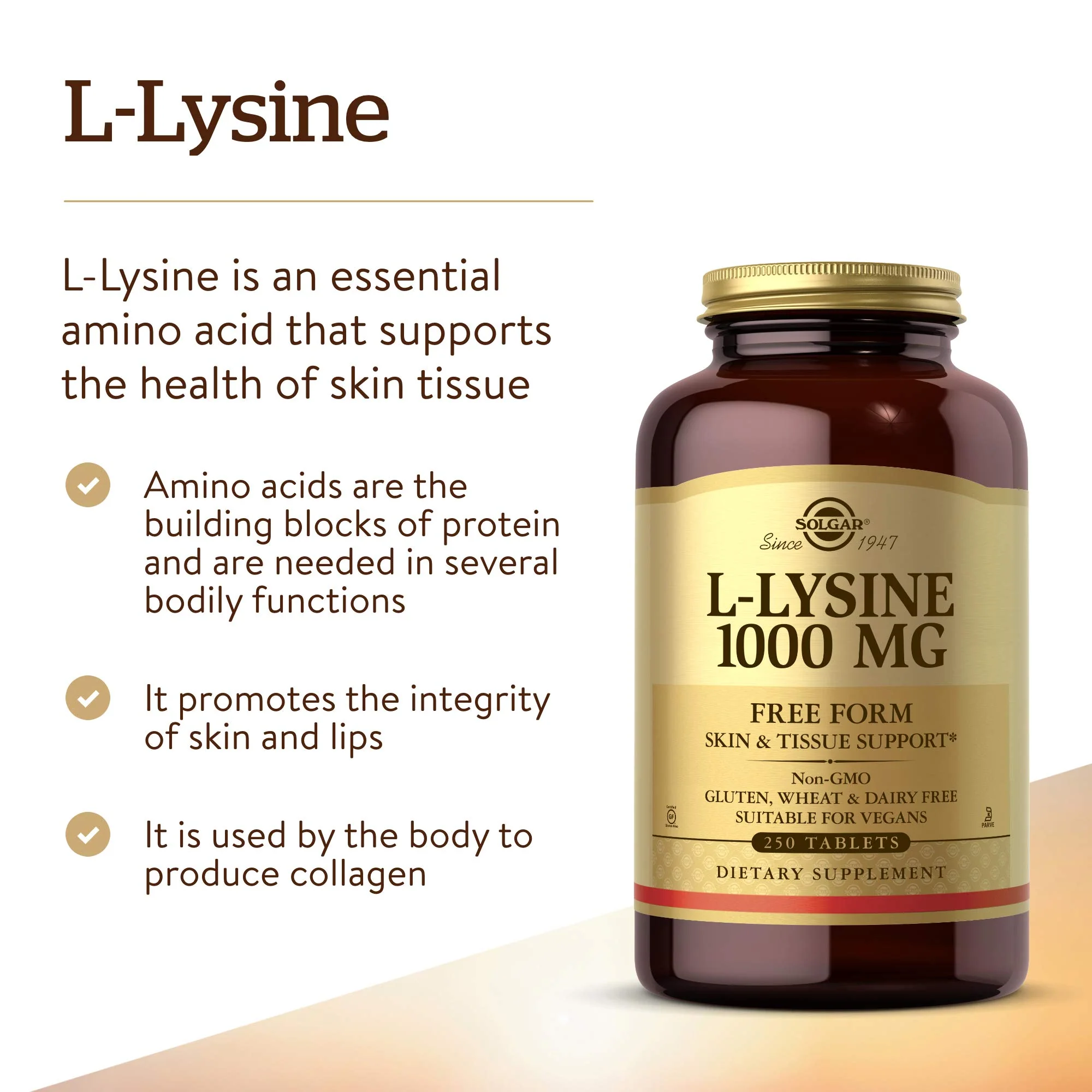 Solgar L-Lysine 1000 mg, 250 Tablets - Enhanced Absorption and Assimilation - Promotes Integrity of Skin and Lips - Collagen Support - Amino Acids - Non-GMO, Vegan, Gluten Free - 250 Servings - Image 6