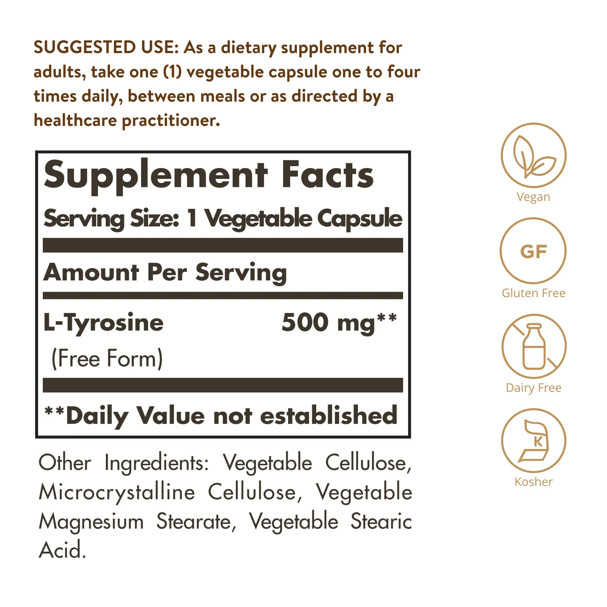 Solgar L-Tyrosine 500 mg, 100 Vegetable Capsules - Brain & Nervous System Support - Vegan, Gluten Free, Dairy Free, Kosher - 100 Servings,Standard Packaging - Image 2