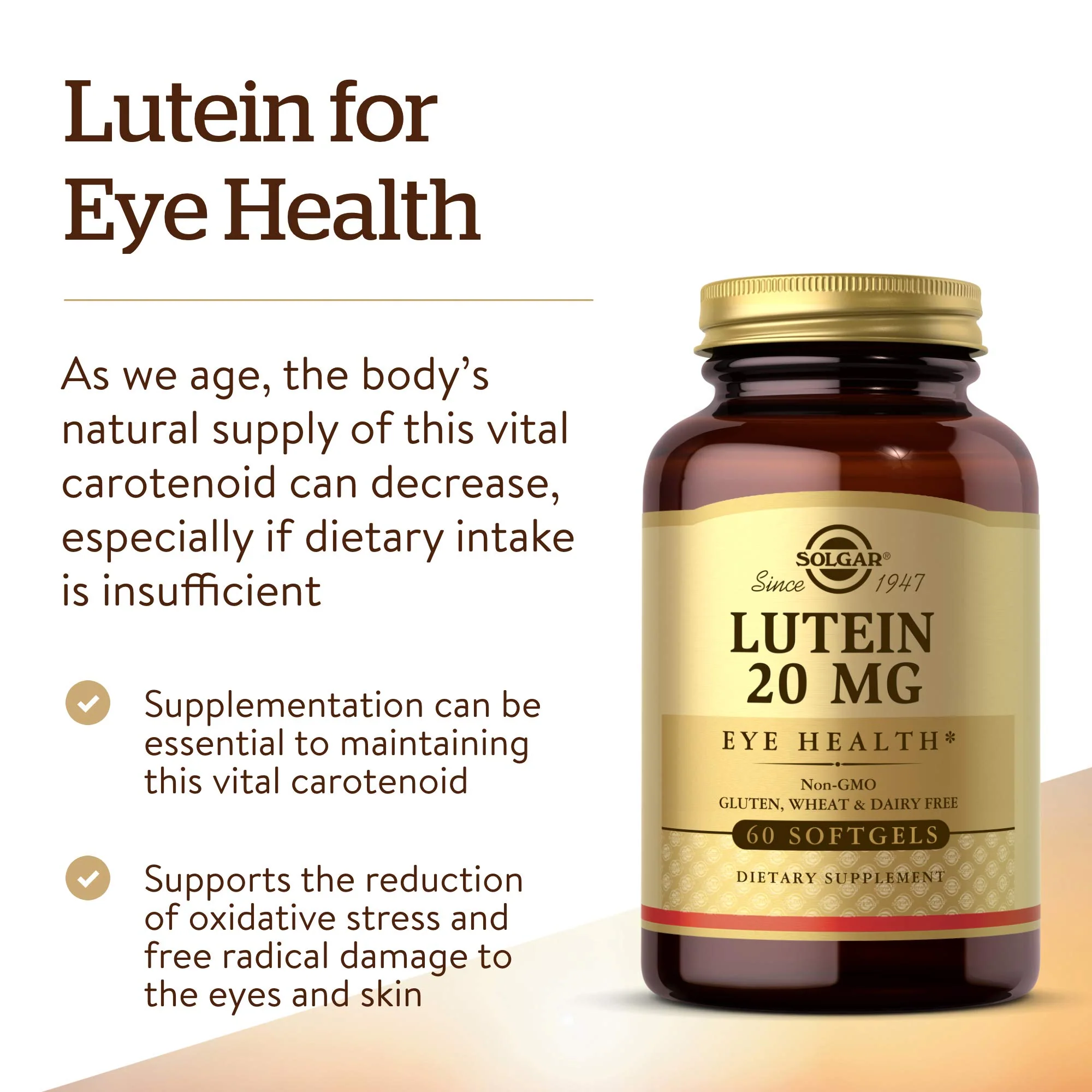 Solgar Lutein 20 mg, 60 Softgels - Supports Eye Health - Helps Filter Out Blue-Light - Contains FloraGLO Lutein - Non-GMO, Gluten Free, Dairy Free - 60 Servings - Image 3
