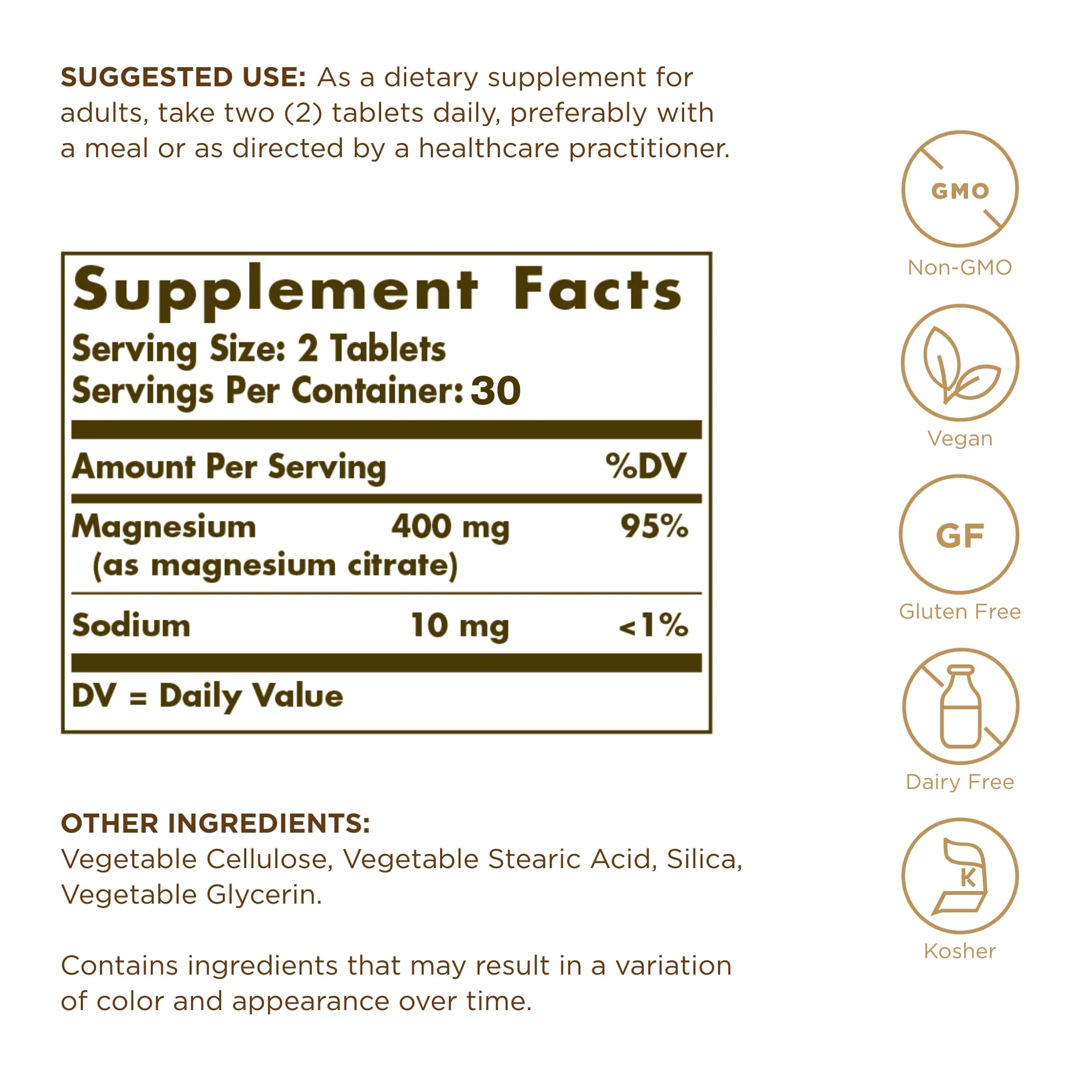 Solgar, Magnesium Citrate 60 Tabletss Prop 65 - Image 2