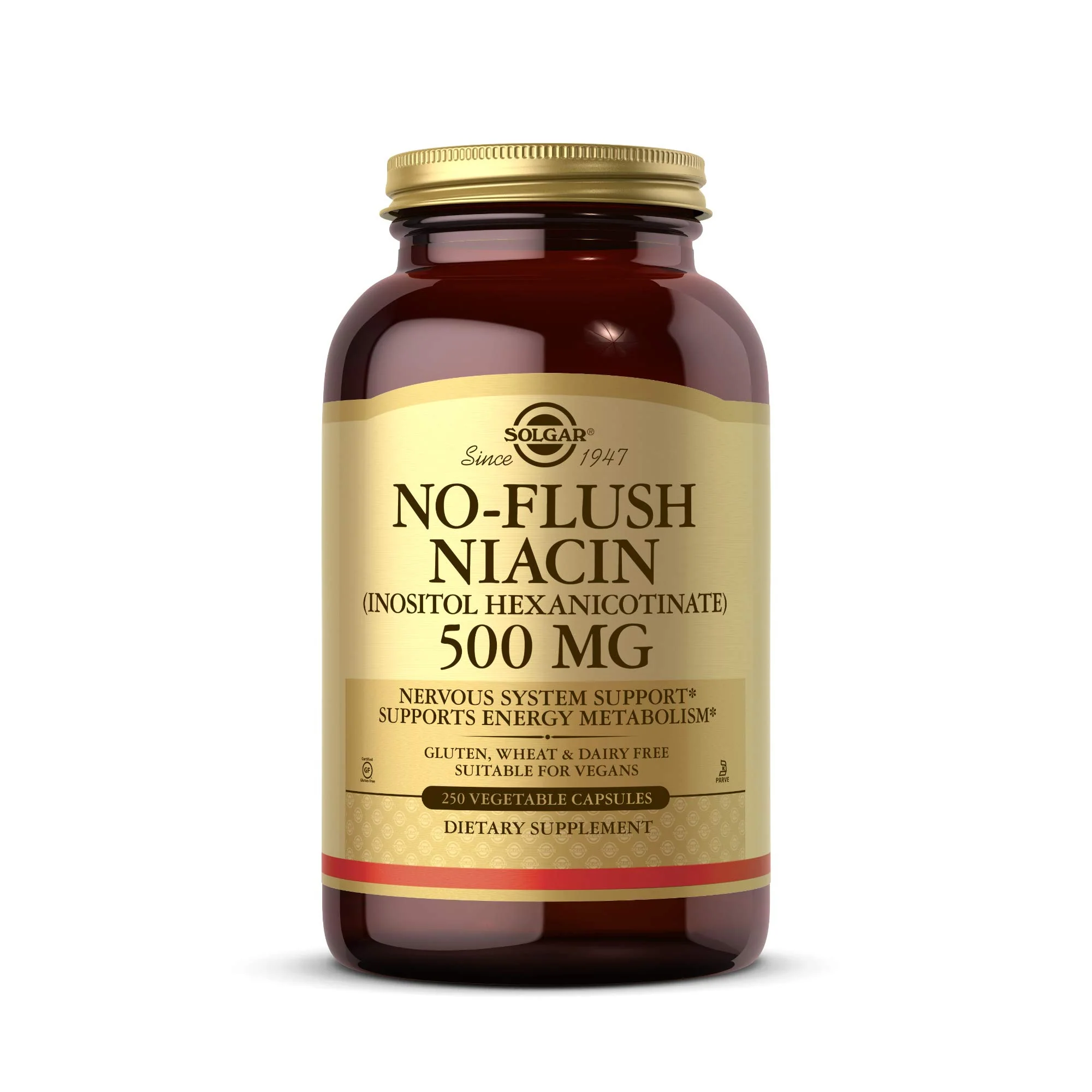 Solgar No-Flush Niacin 500 mg, 250 Vegetable Capsules - Supports Energy Metabolism - No-Flush Delivery - Vegan, Gluten Free, Dairy Free, Kosher - 250 Servings