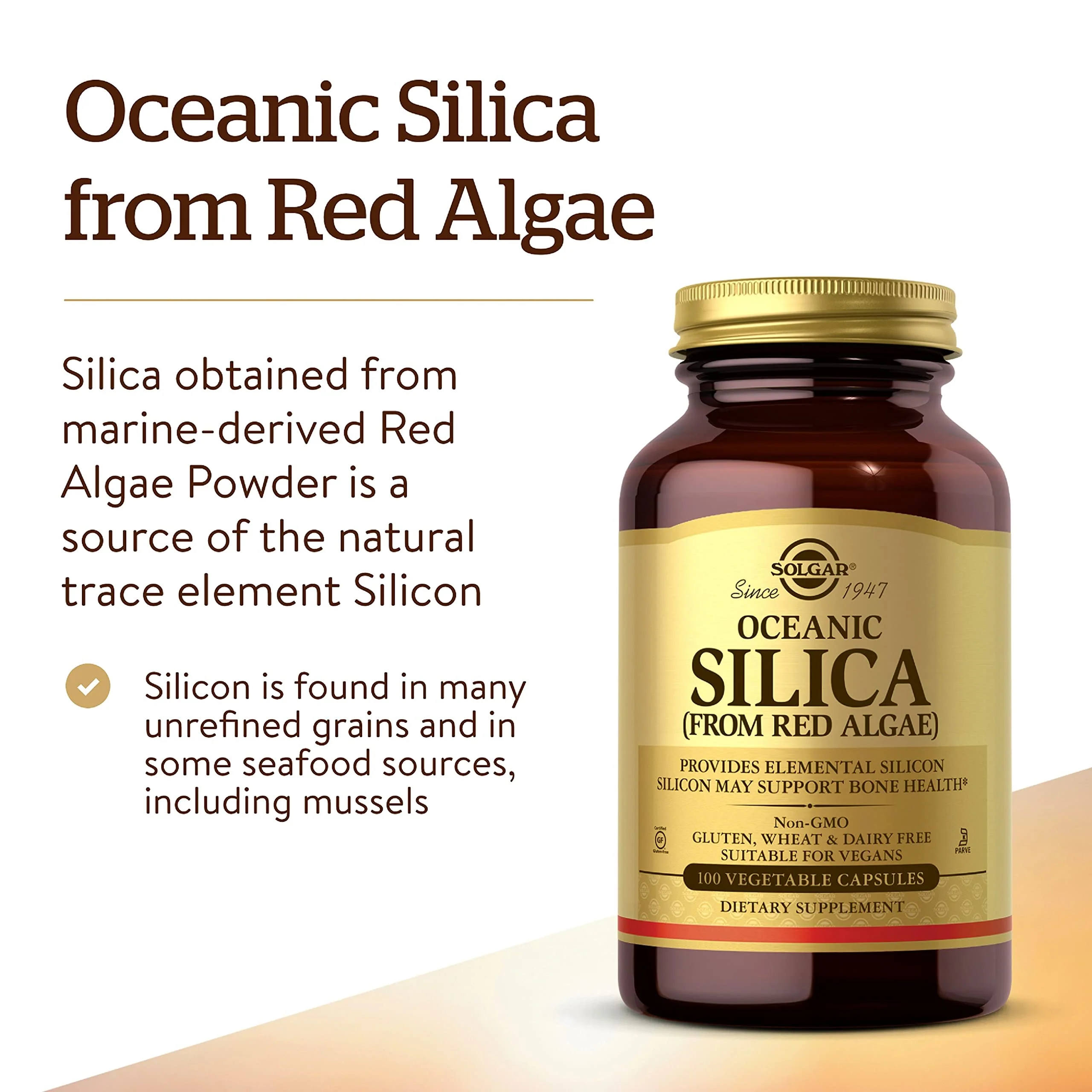 Solgar Oceanic Silica from Red Algae 25 mg, 100 Vegetable Capsules - Excellent Source of Calcium, Supports Bone Health - Non-GMO, Vegan, Gluten Free, Dairy Free, Kosher - 50 Servings - Image 5