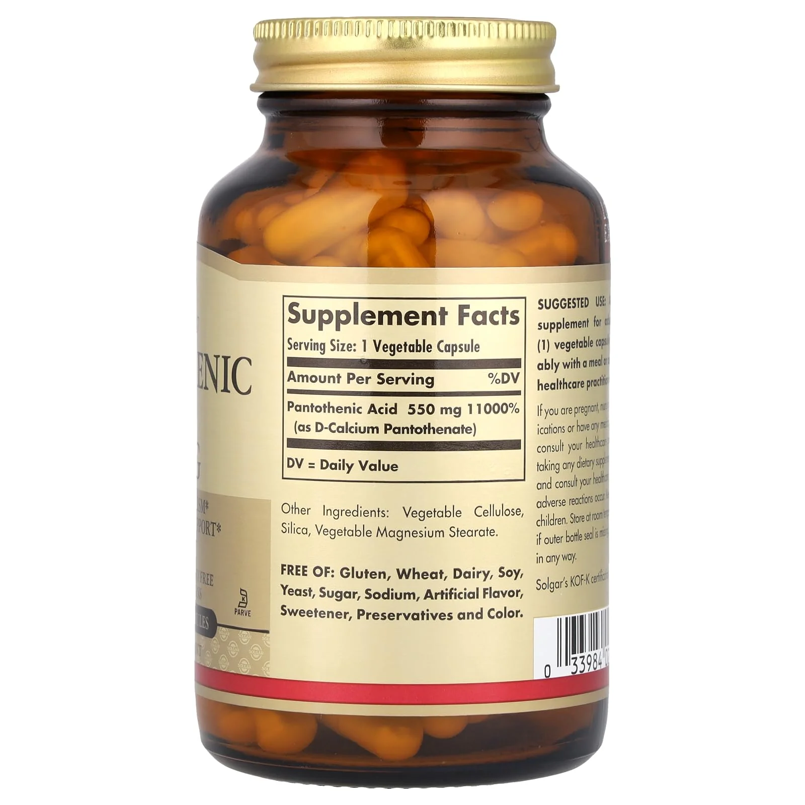 Solgar Pantothenic Acid 550 mg Vegetable Capsules Vitamin B5 Energy Metabolism Nervous System Support Gluten Free Dairy Free Kosher Servings, Standard Packaging, 100 Count - Image 5